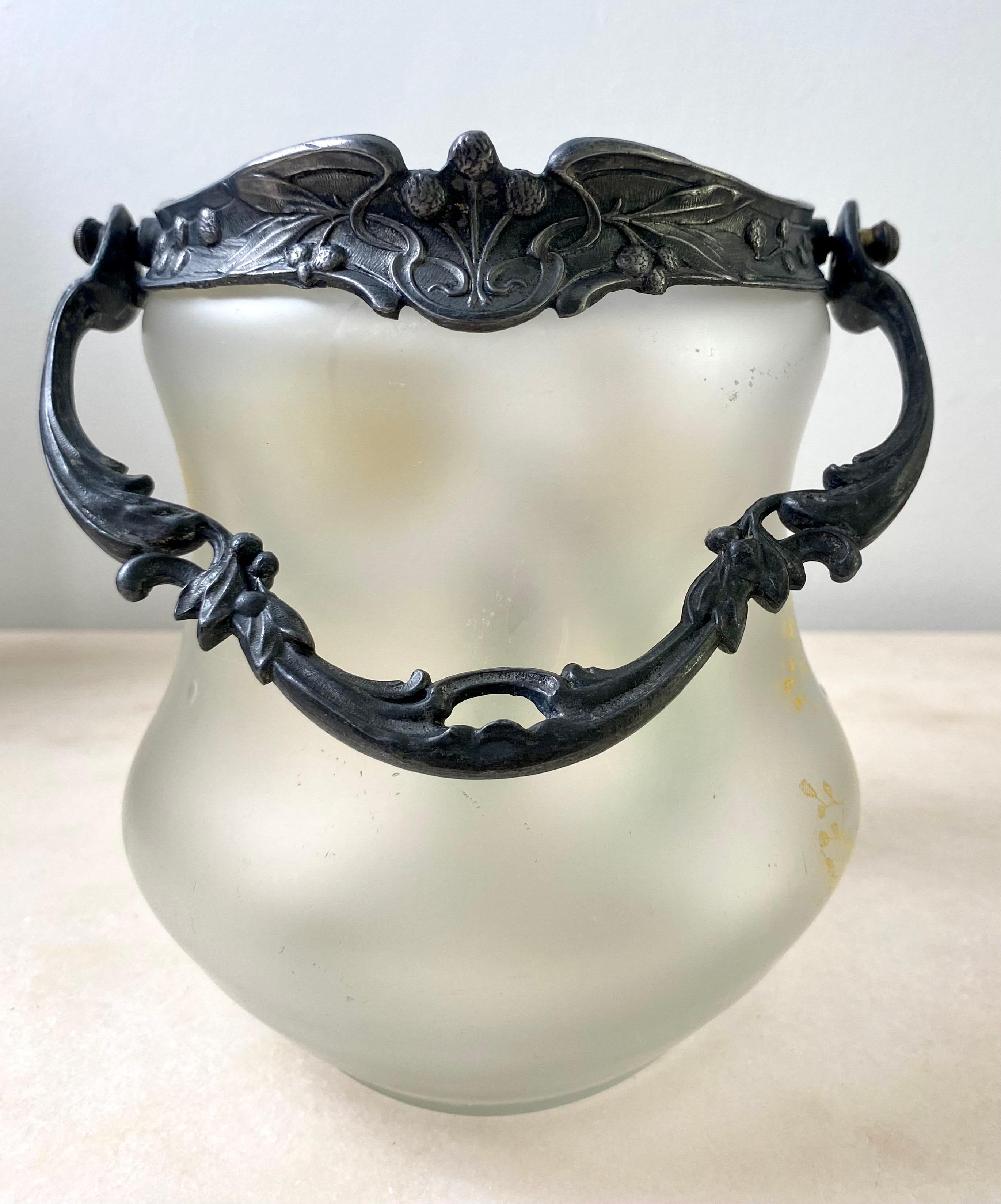 Enameled Cookie jar bucket - vase - in enamelled glass & pewter- 1880 Art Nouveau France For Sale