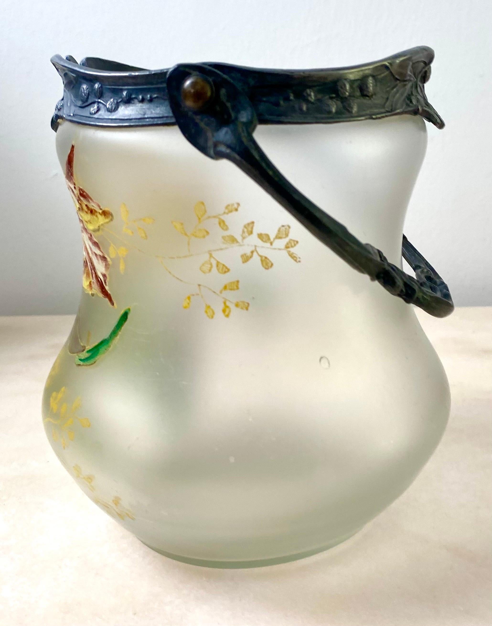 19th Century Cookie jar bucket - vase - in enamelled glass & pewter- 1880 Art Nouveau France For Sale