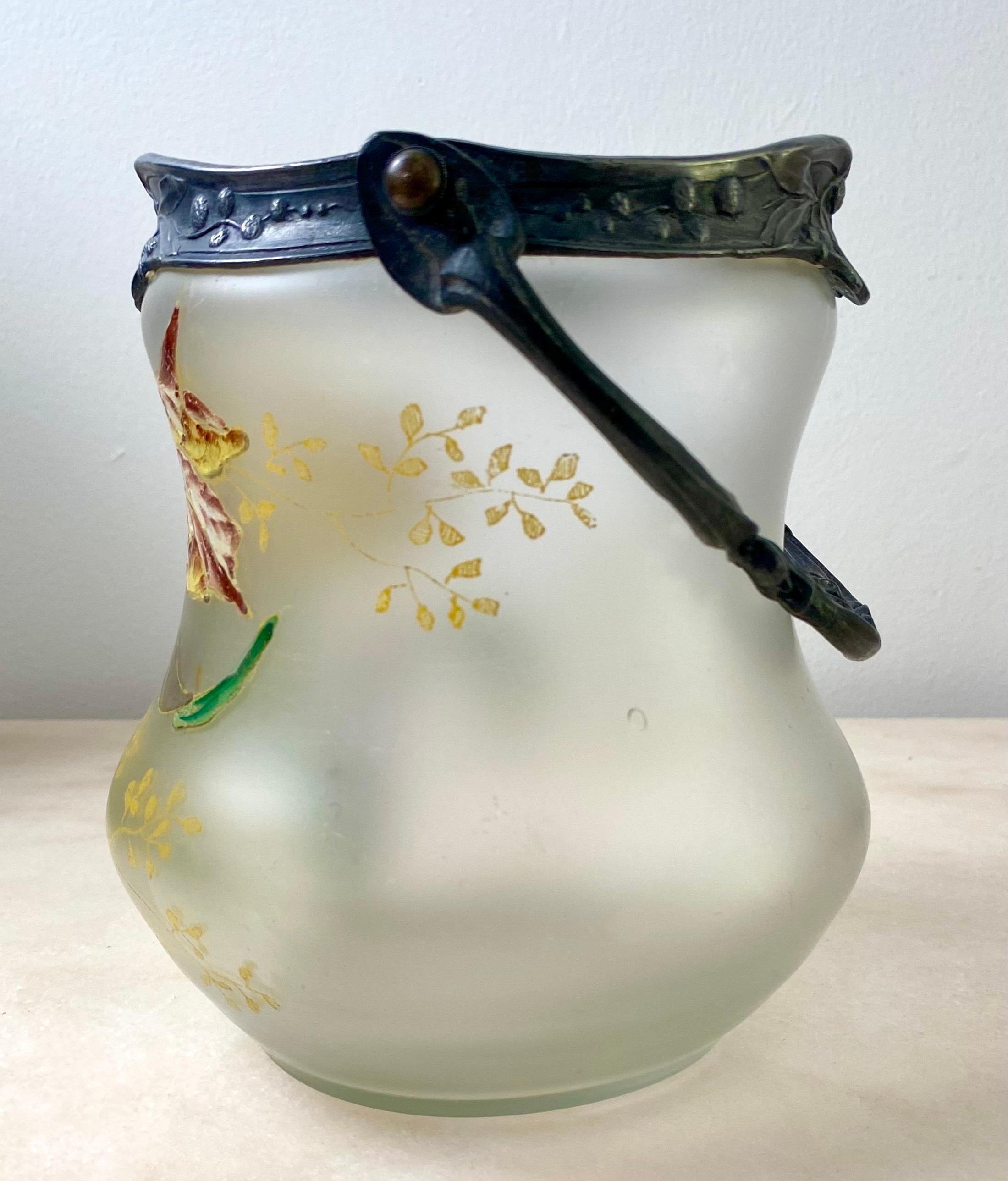 Glass Cookie jar bucket - vase - in enamelled glass & pewter- 1880 Art Nouveau France For Sale