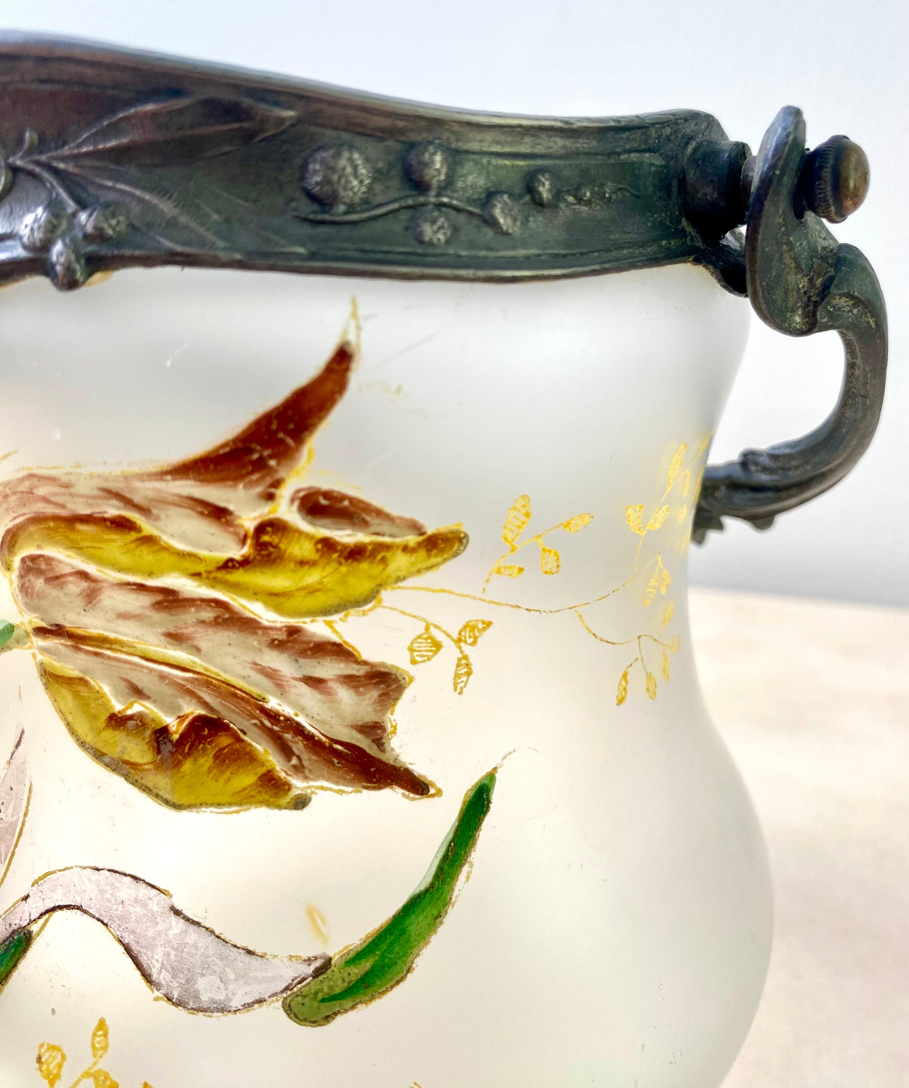 Cookie jar bucket - vase - in enamelled glass & pewter- 1880 Art Nouveau France For Sale 2