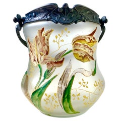 Seau à biscuits - vase - en verre émaillé et étain - 1880 Art Nouveau France