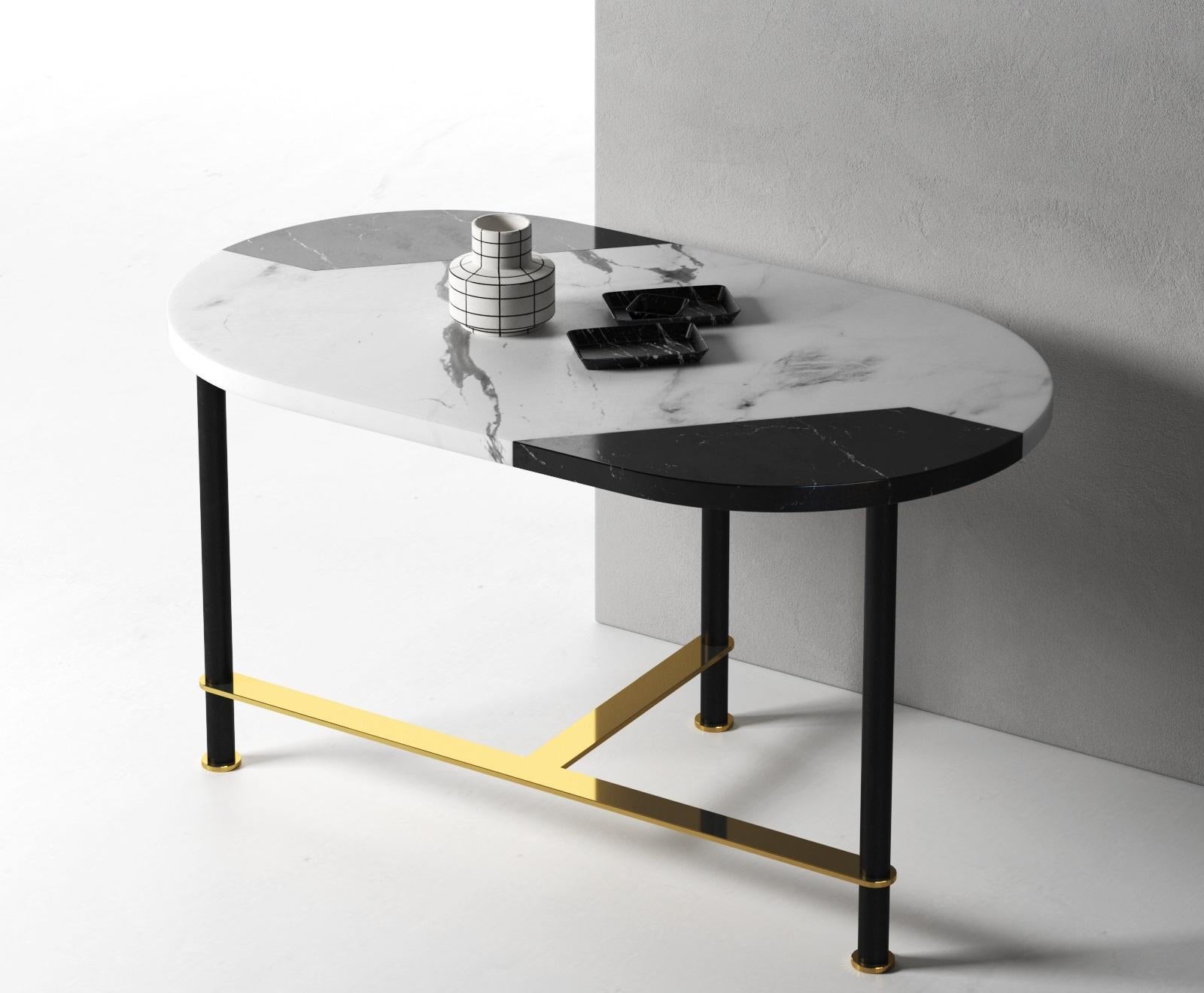 Console table by Pietro Russo for Gallotti & Radice with Bianco Statuary and Nero Marquinia marble inlaid top or total black in Nero Marquinia marble. Brass structure. 

Available also with inlaid wooden top with “Tweed” pattern, in Taba Frisé