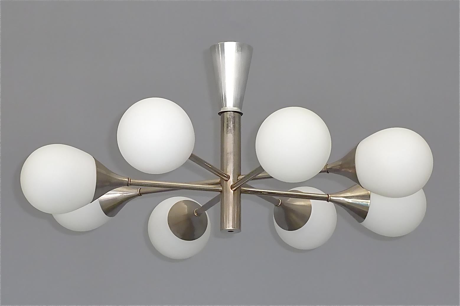 Mid-Century Modern Cool 8 Light Kaiser Flush Mount Sputnik Chandelier Chrome White Glass 1960 Lelii For Sale