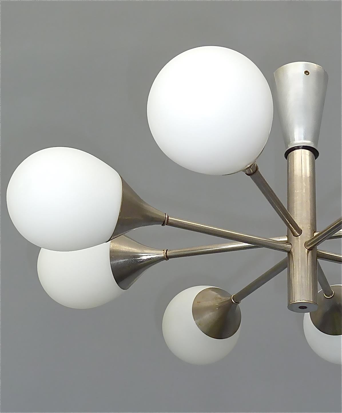 Patinated Cool 8 Light Kaiser Flush Mount Sputnik Chandelier Chrome White Glass 1960 Lelii For Sale