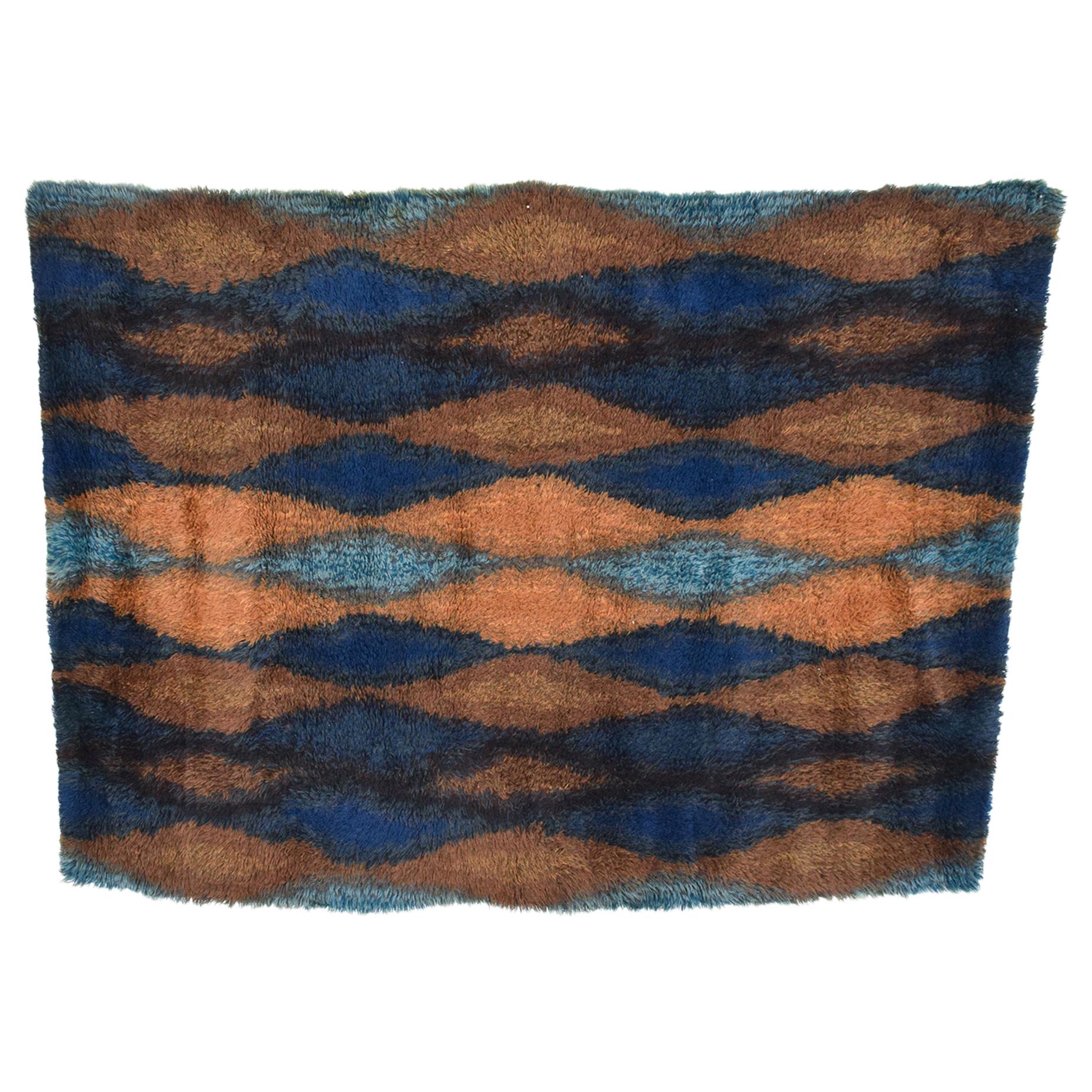  1960s Azure Blue Geometric Design Rug Tapestry Ege Rya Denmark