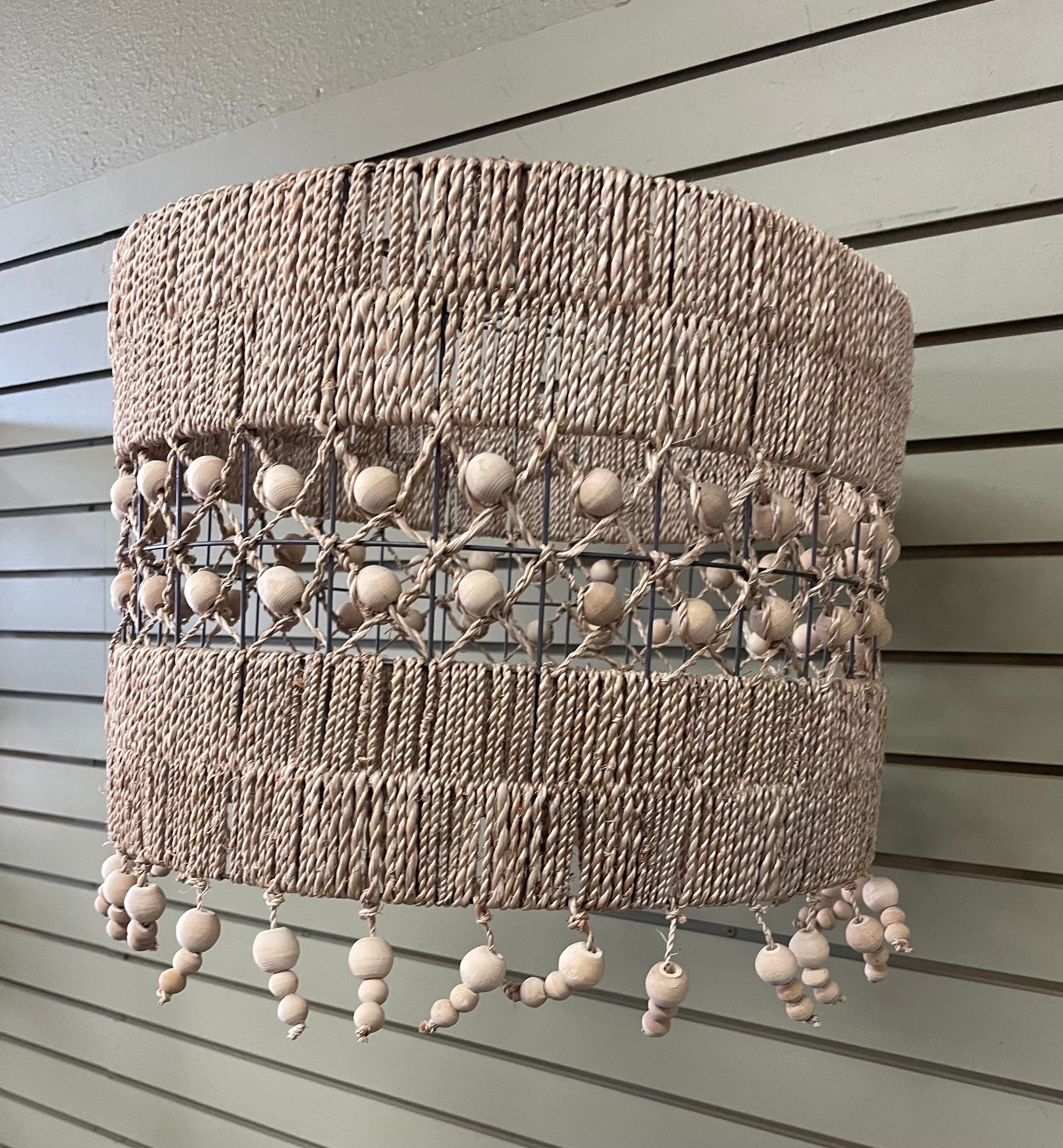 Super cool bohemian cord and wood beads drum lamp shade, circa 1980s. The shade is in very good vintage condition and measures 17