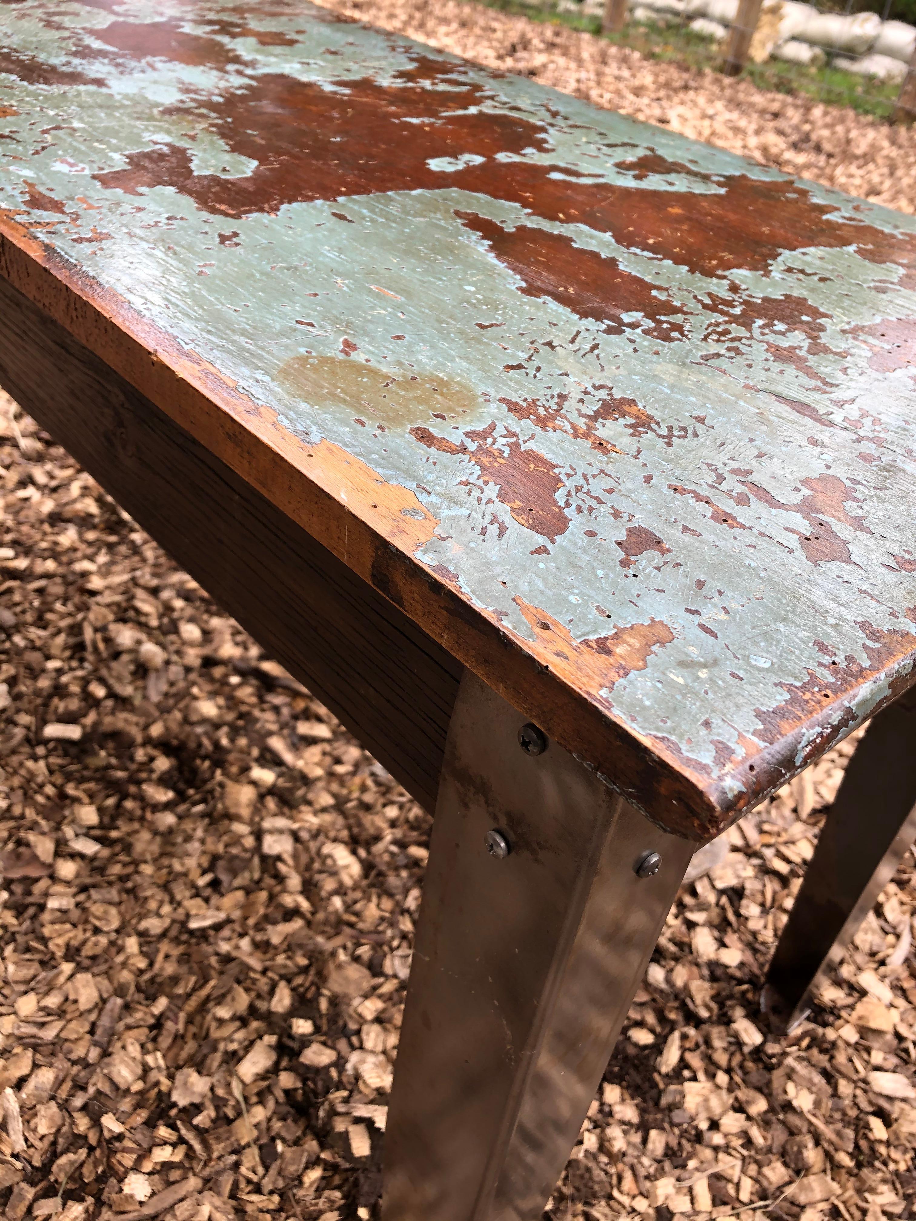 Cool Industrial Distressed Wood Table with Metal Legs For Sale 2