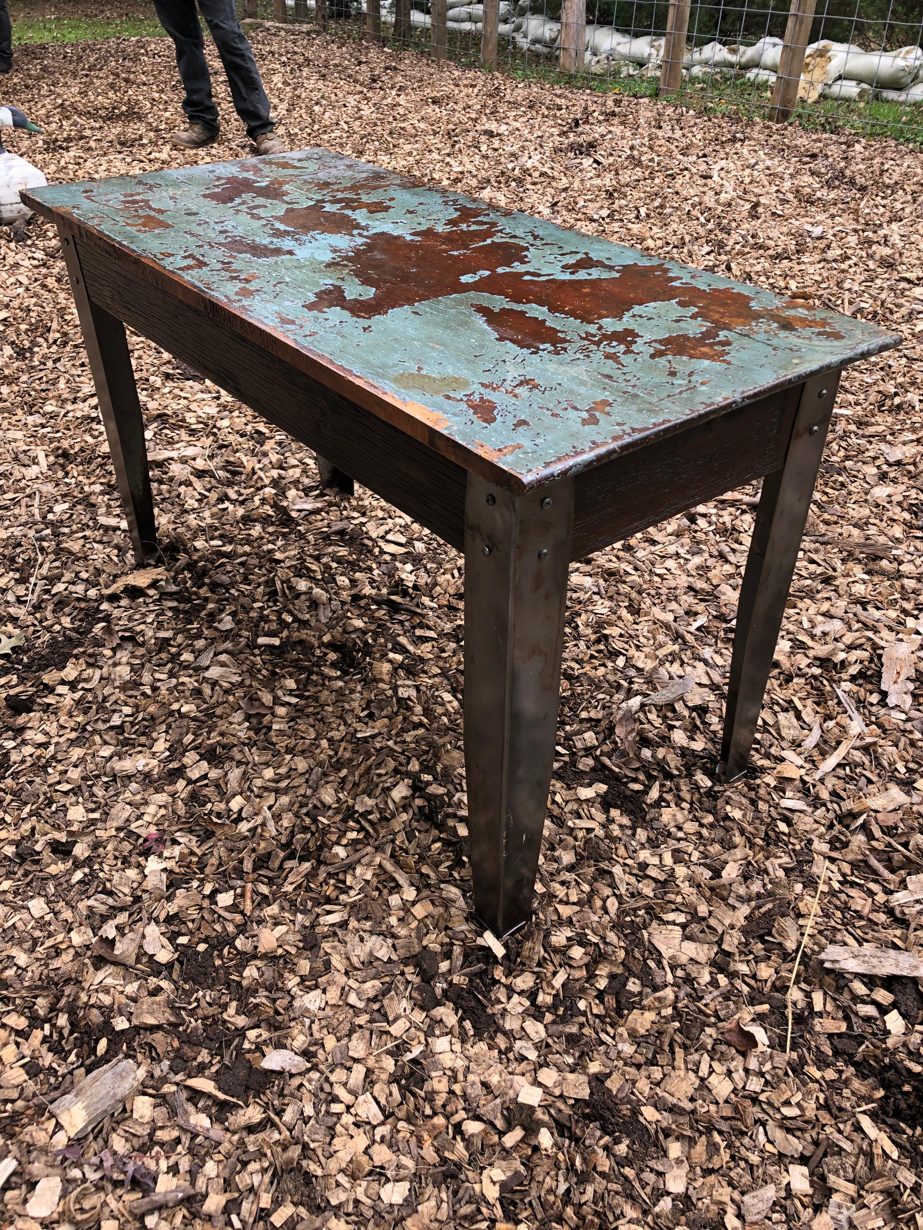 Cool Industrial Distressed Wood Table with Metal Legs For Sale 3