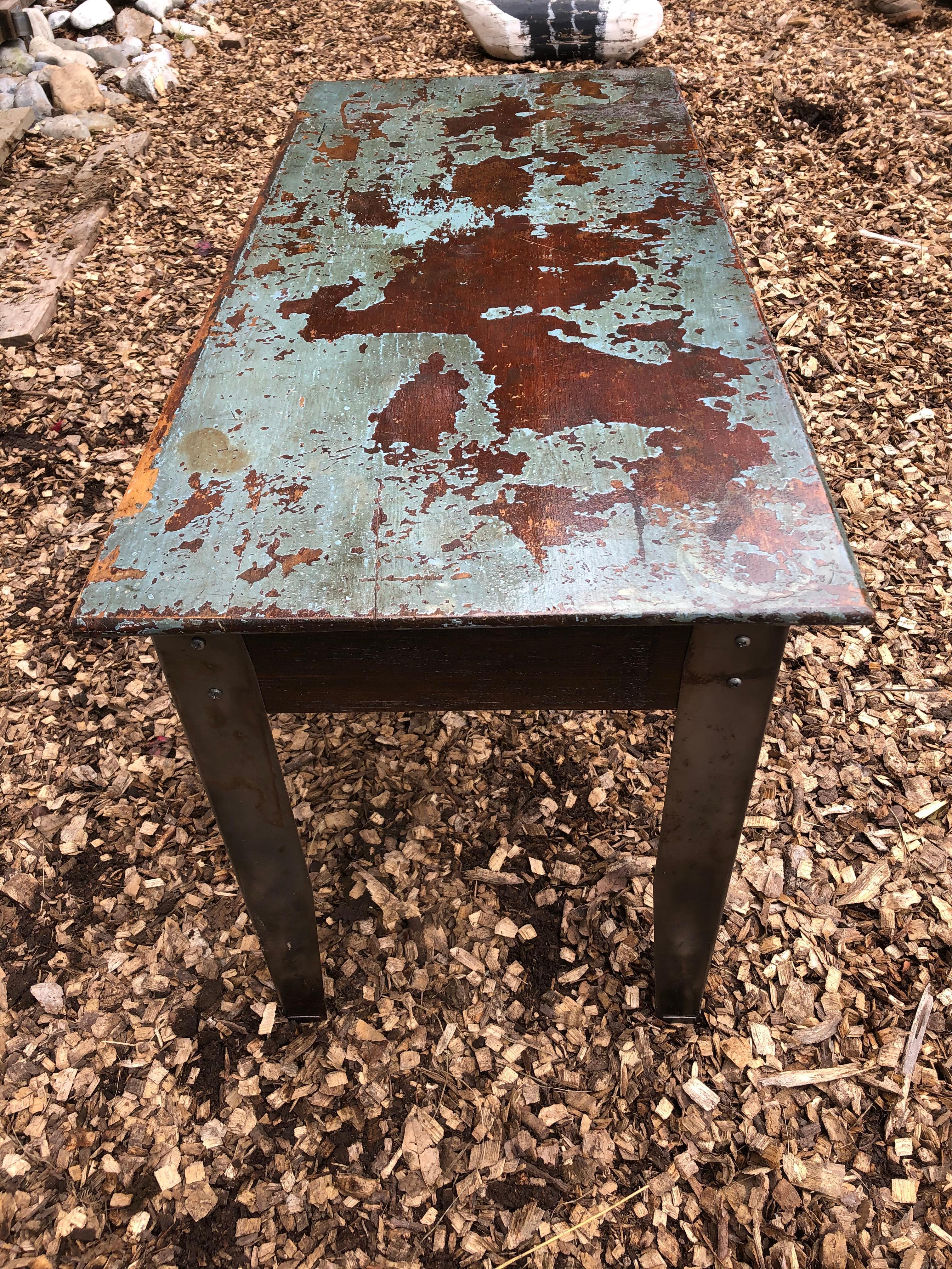 Cool Industrial Distressed Wood Table with Metal Legs In Distressed Condition For Sale In Hopewell, NJ