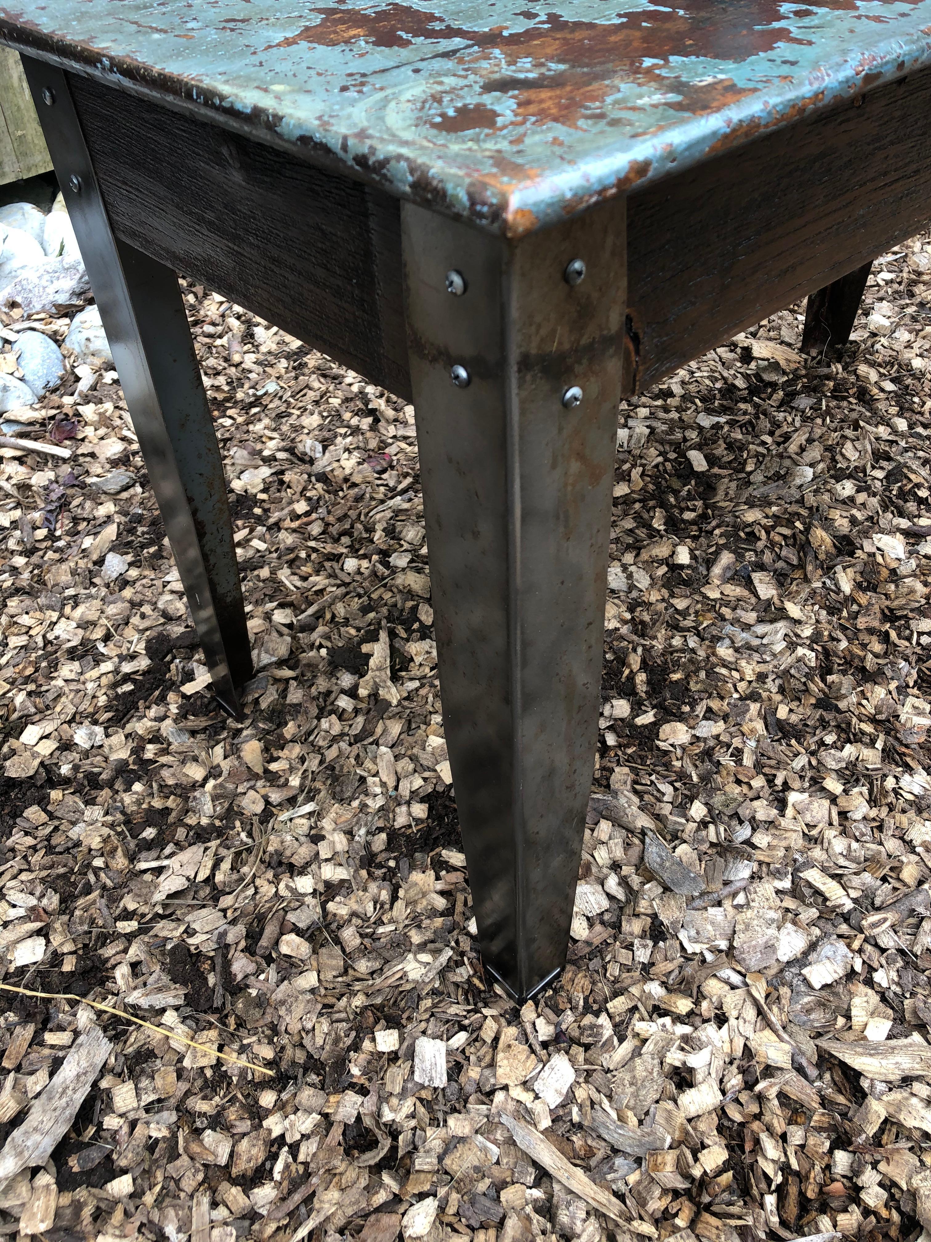 Aluminum Cool Industrial Distressed Wood Table with Metal Legs For Sale