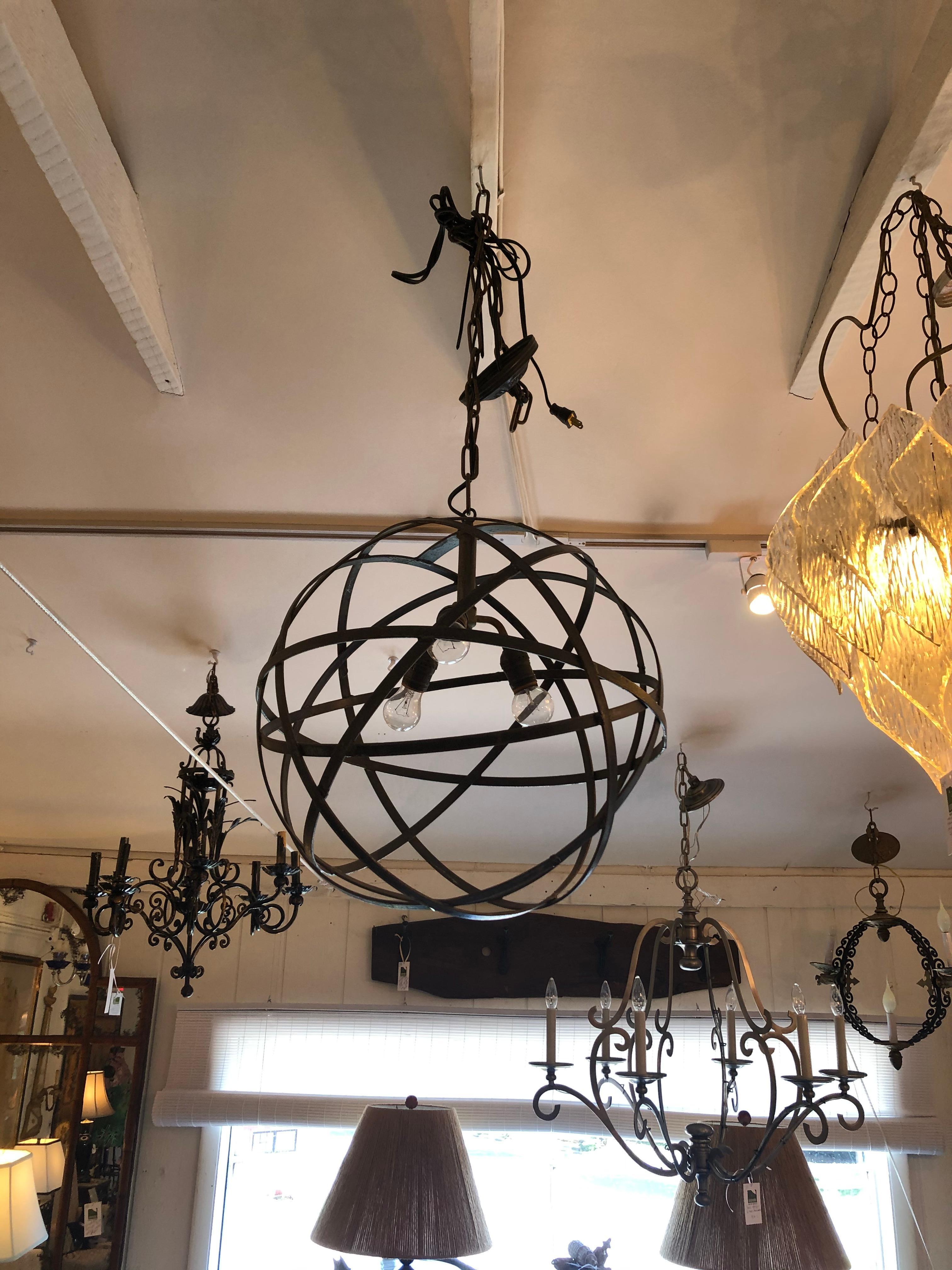 Cool Industrial Modern Steel & Iron Spherical Orb Chandelier Pendant In Good Condition For Sale In Hopewell, NJ