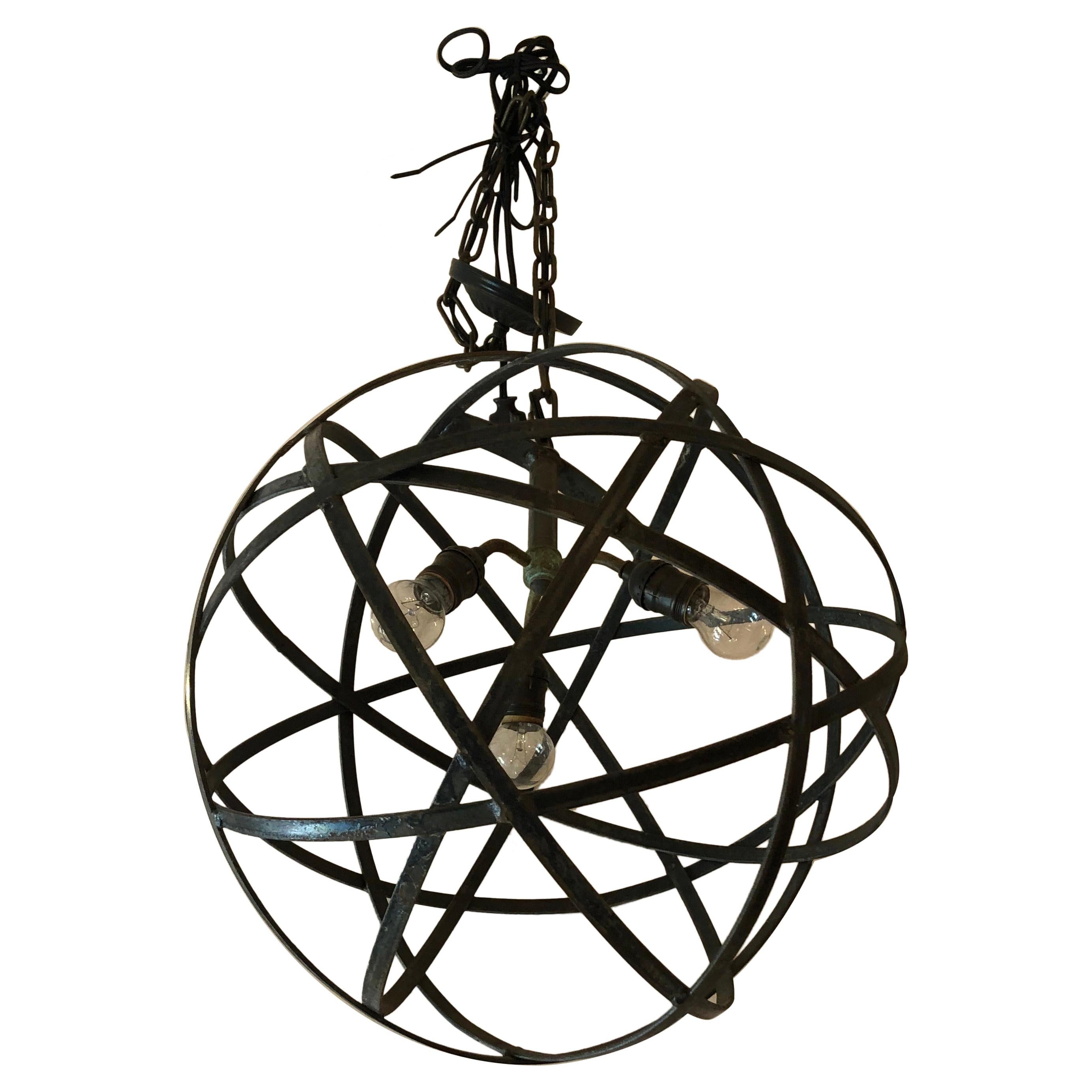 Cool Industrial Modern Steel & Iron Spherical Orb Chandelier Pendant For Sale