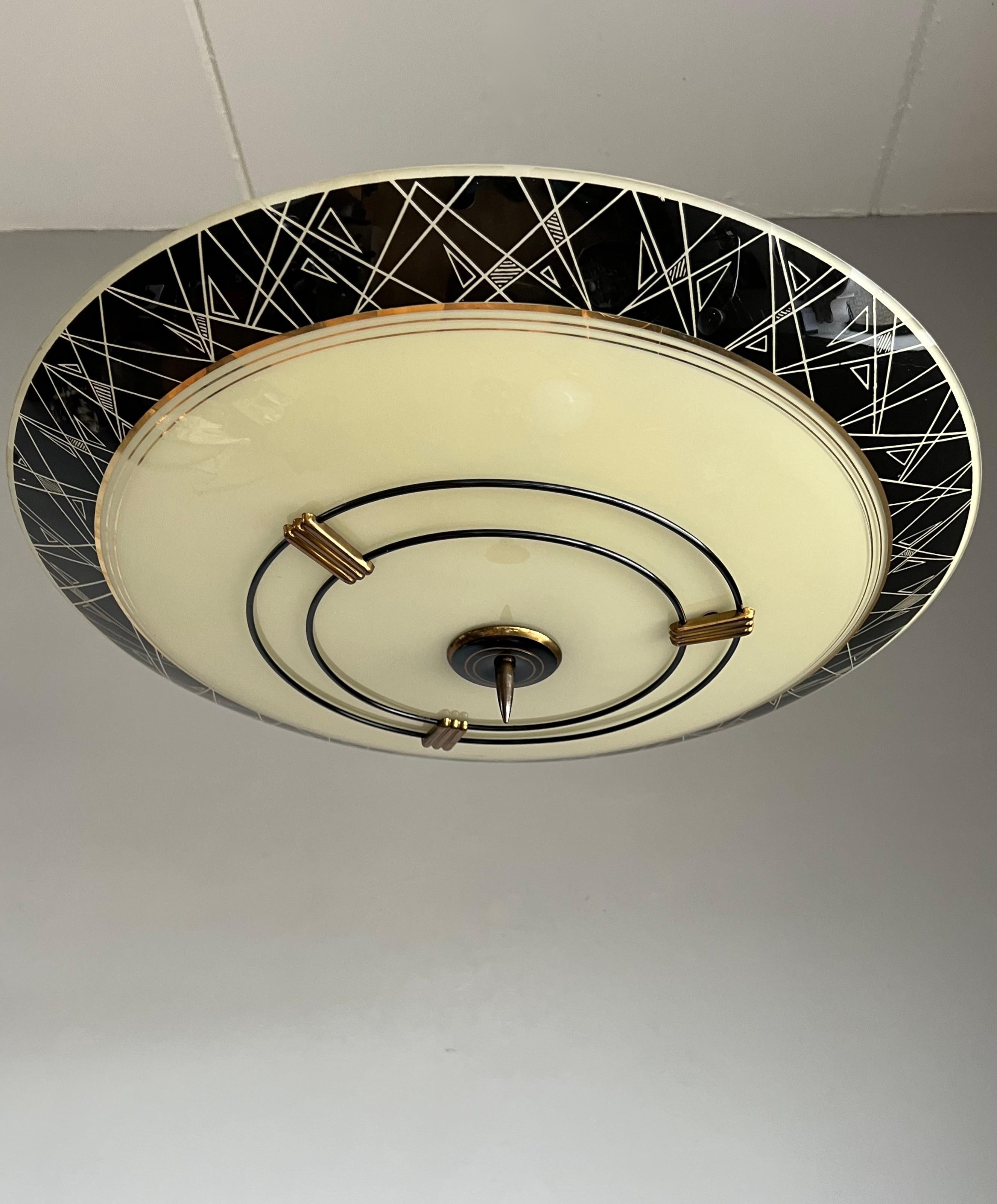 Cool Mid-Century Modern Jazzy Black Glass and Brass Flush Mount W. Golden Lining For Sale 3