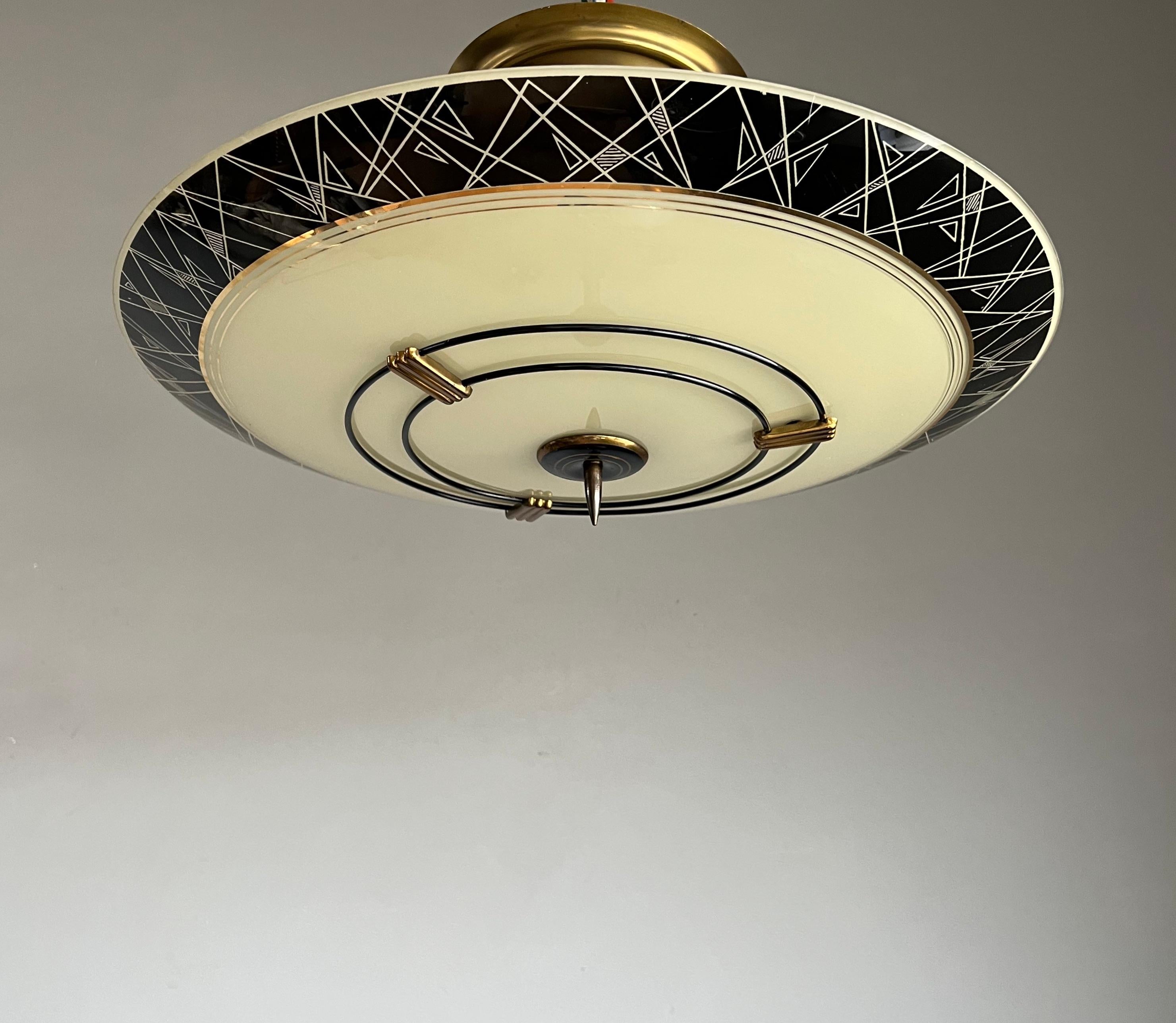 Cool Mid-Century Modern Jazzy Black Glass and Brass Flush Mount W. Golden Lining For Sale 4