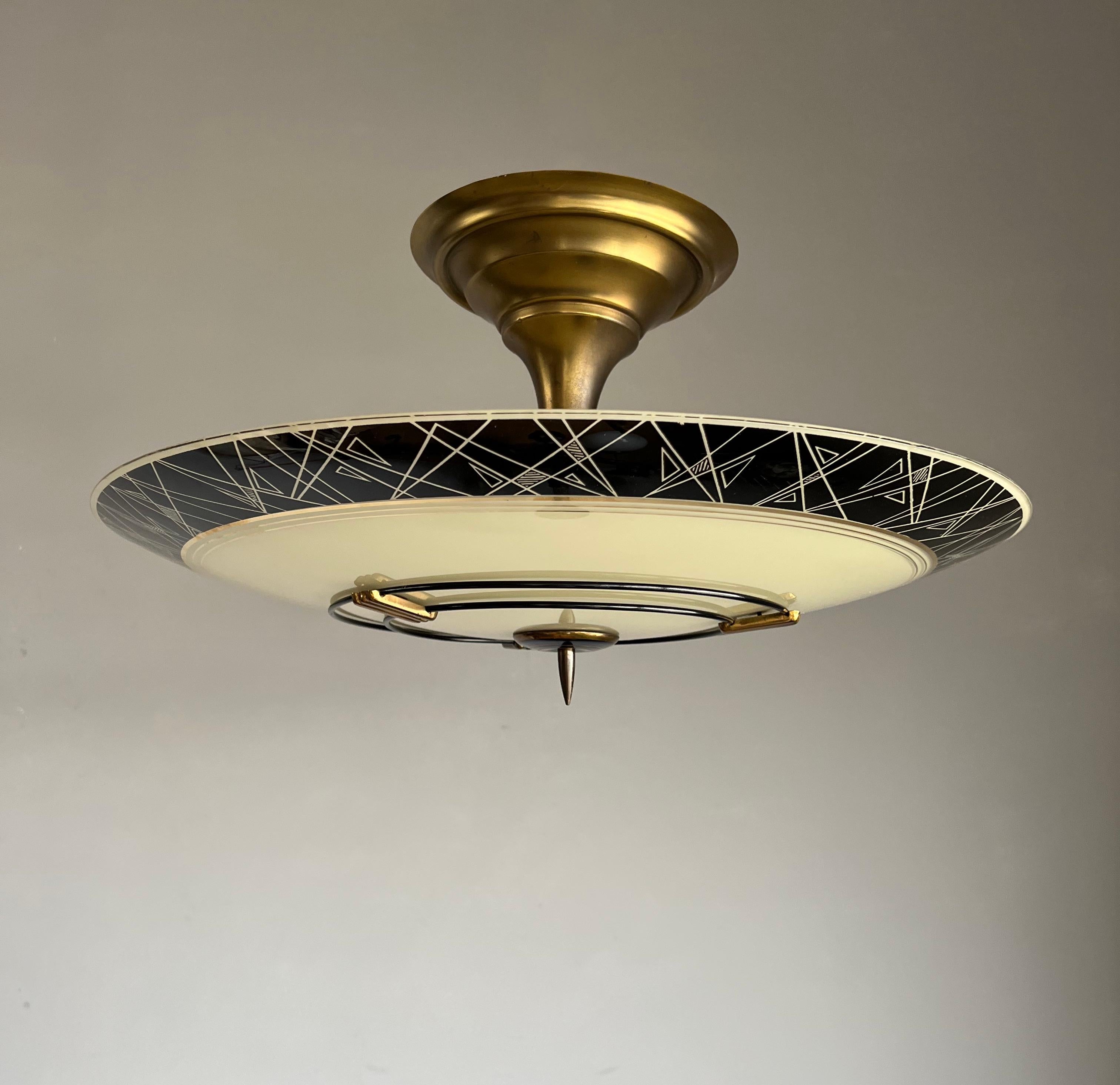 Blackened Cool Mid-Century Modern Jazzy Black Glass and Brass Flush Mount W. Golden Lining For Sale