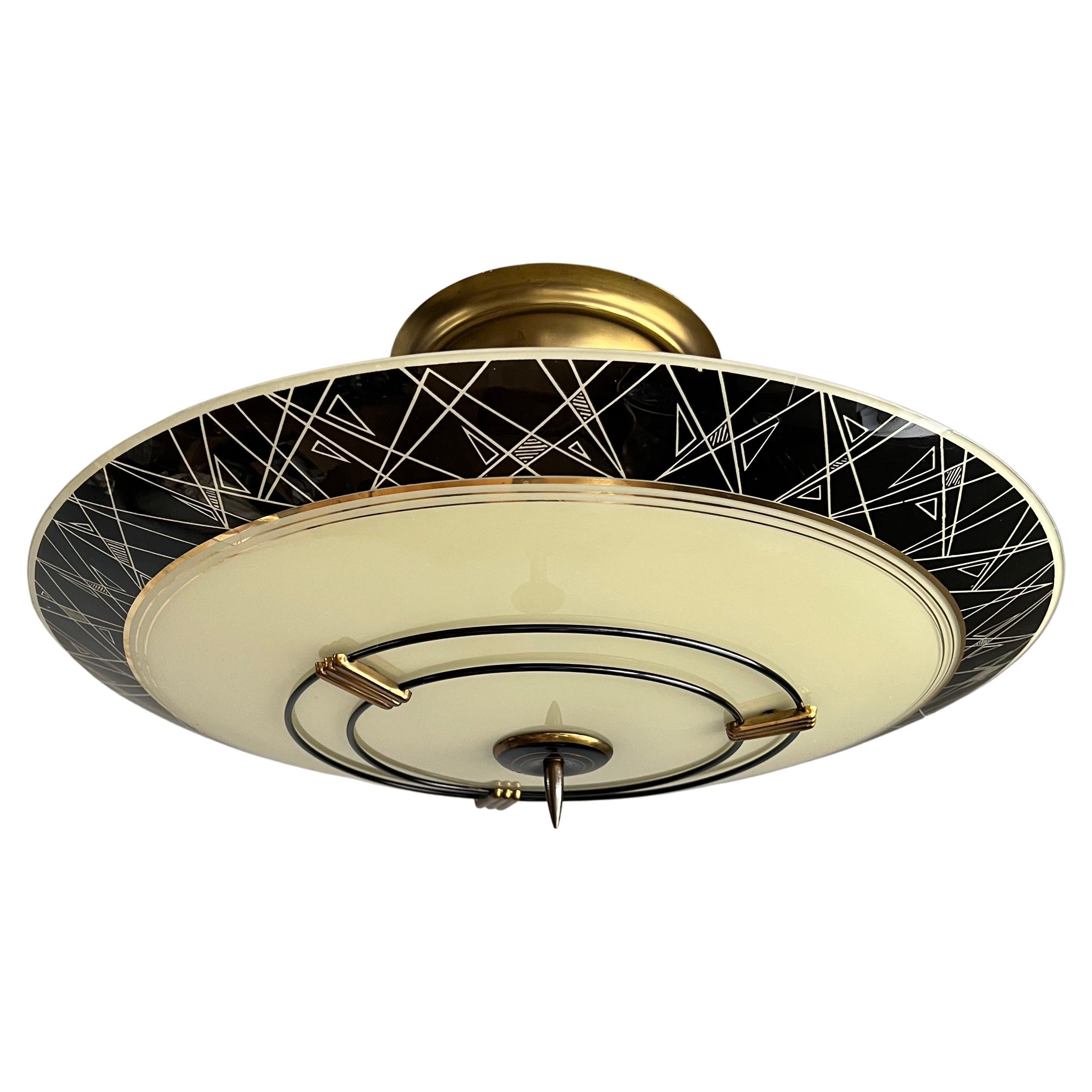 Cool Mid-Century Modern Jazzy Black Glass and Brass Flush Mount W. Golden Lining