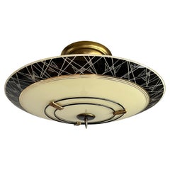 Retro Cool Mid-Century Modern Jazzy Black Glass and Brass Flush Mount W. Golden Lining