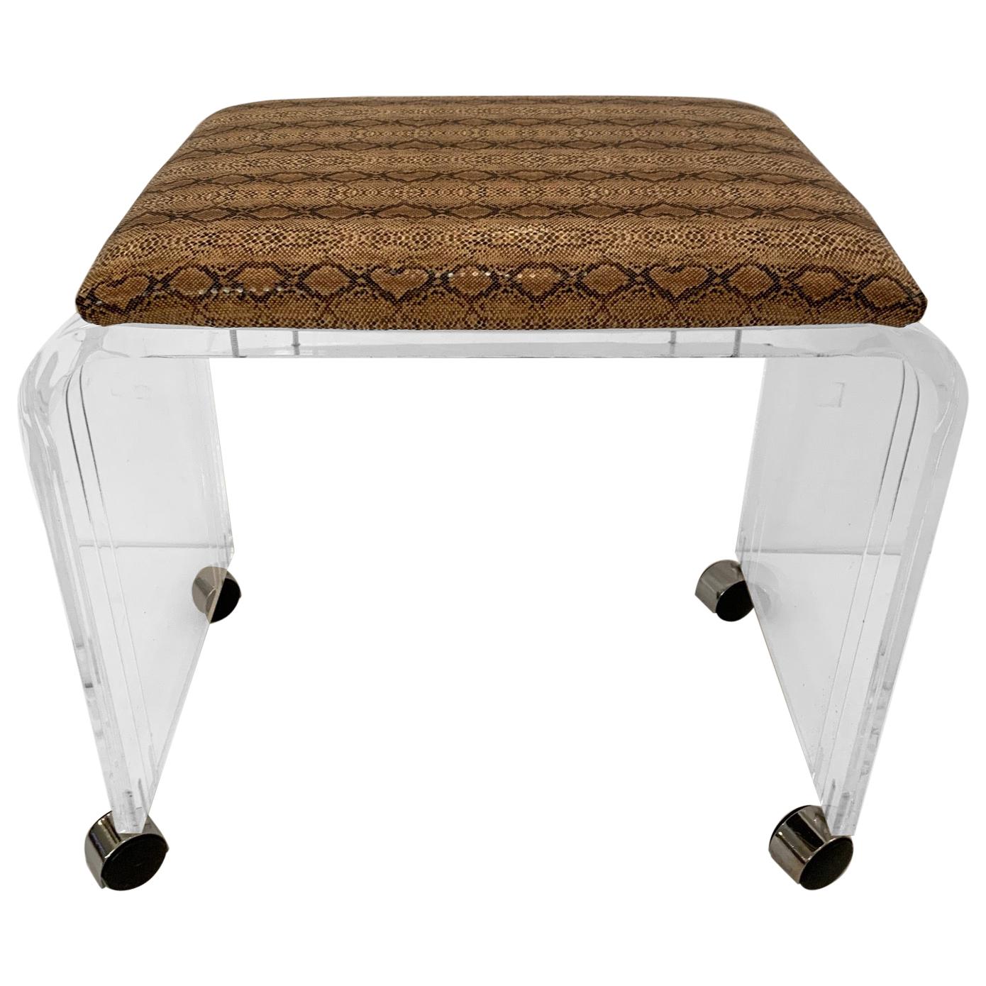 Cool Mid-Century Modern Lucite and Faux Snakeskin Bench Stool on Casters