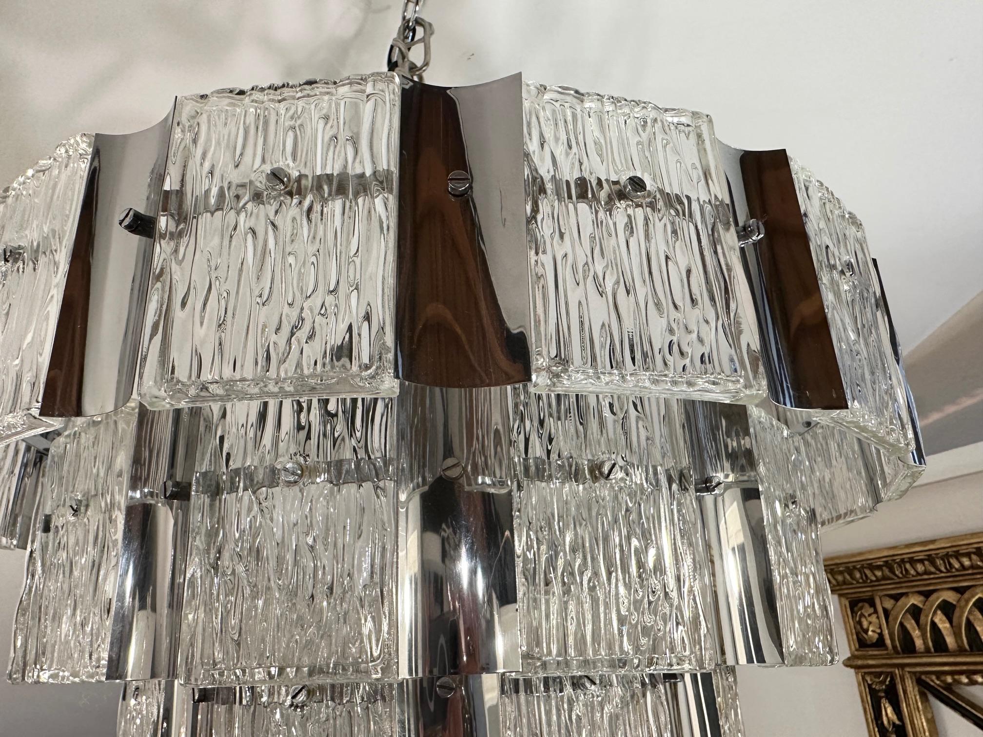 American Cool Mid Century Modern Textured Glass & Chrome 3 Tier Chandelier For Sale