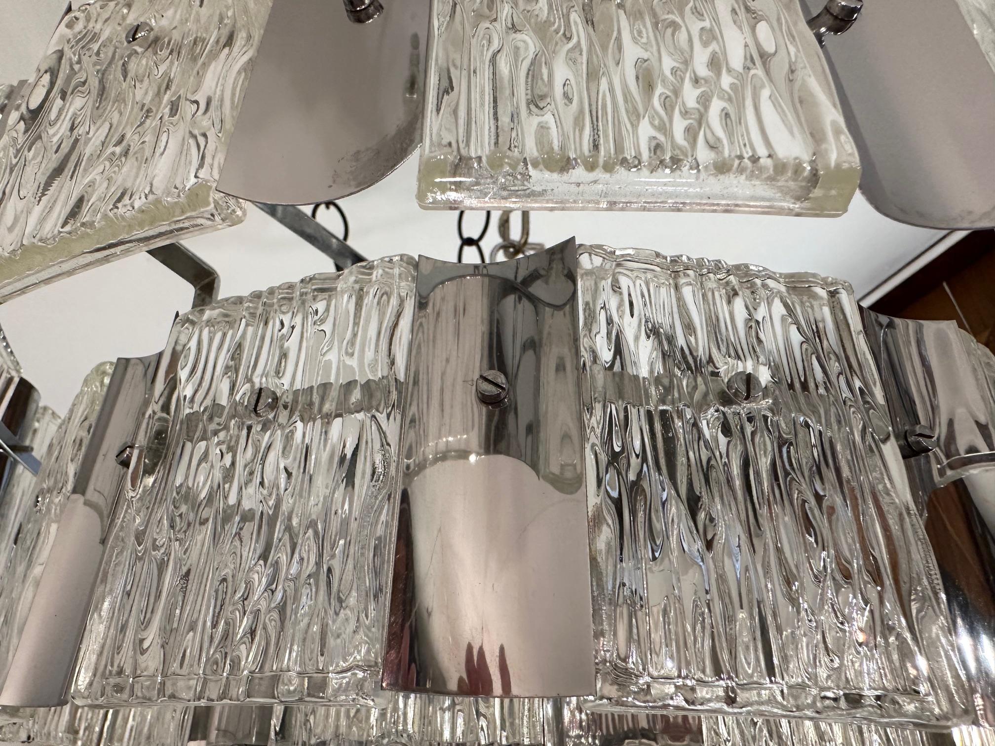 Cool Mid Century Modern Textured Glass & Chrome 3 Tier Chandelier In Good Condition For Sale In Hopewell, NJ