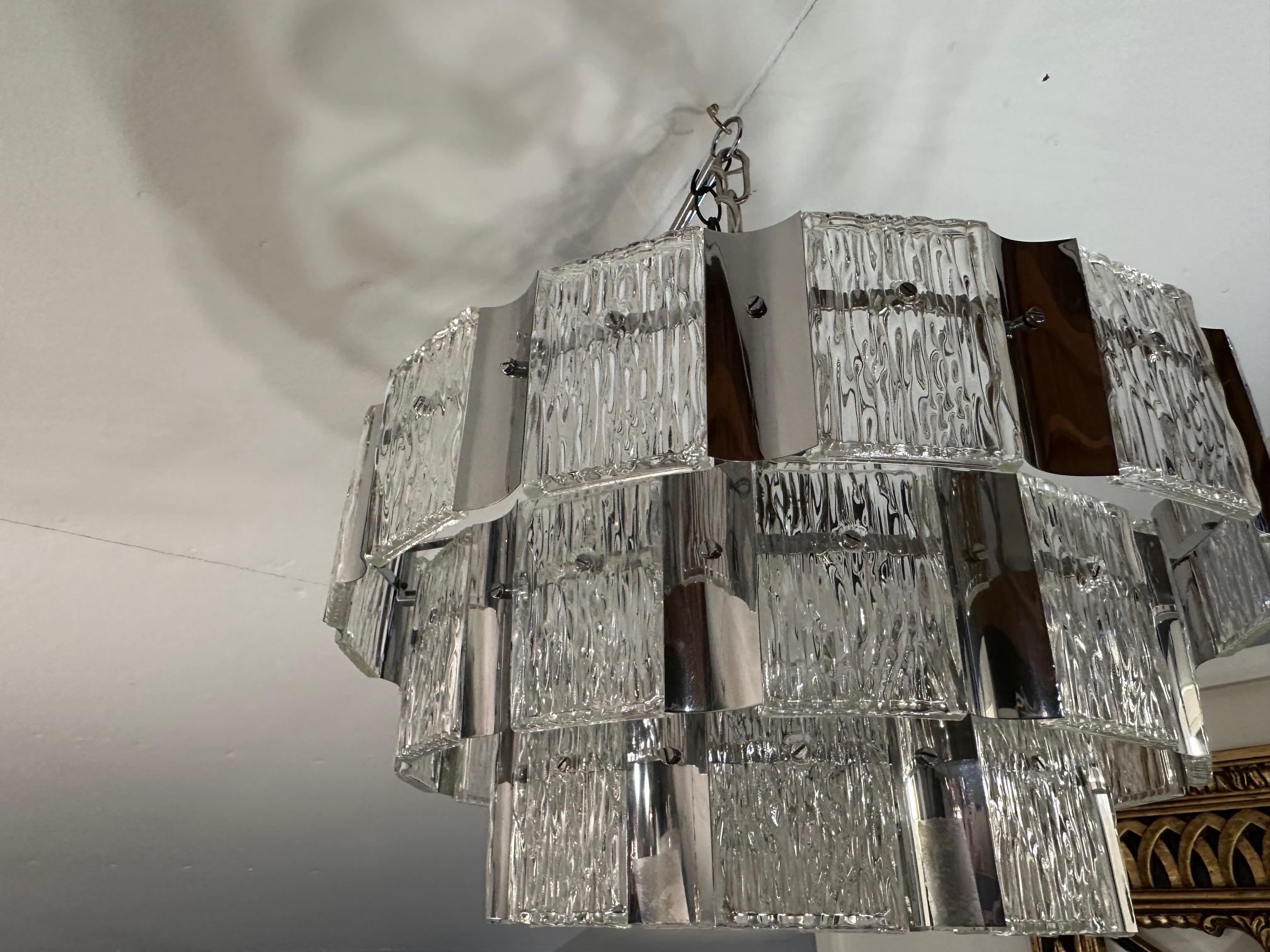 Late 20th Century Cool Mid Century Modern Textured Glass & Chrome 3 Tier Chandelier For Sale