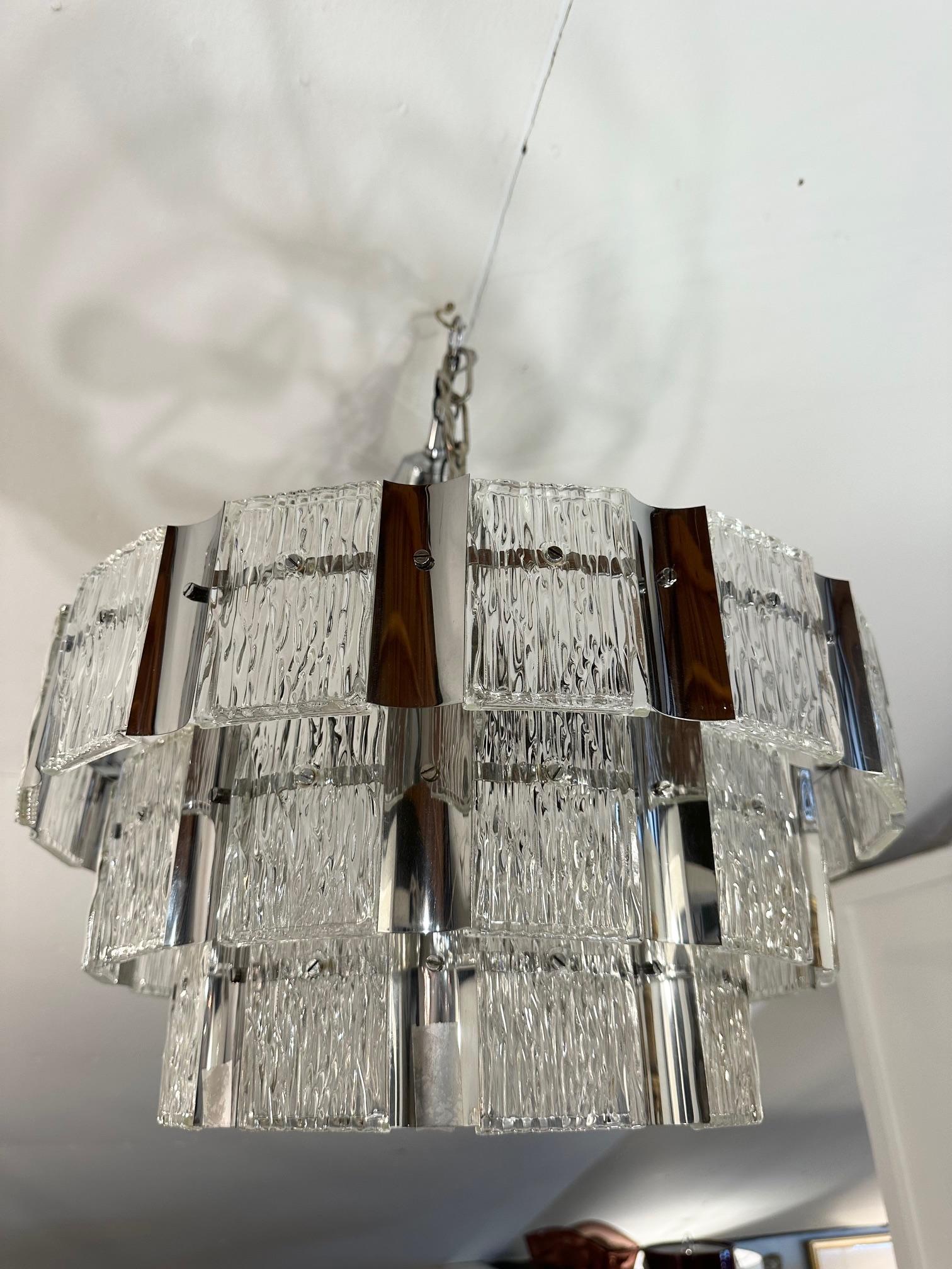 Cool Mid Century Modern Textured Glass & Chrome 3 Tier Chandelier For Sale