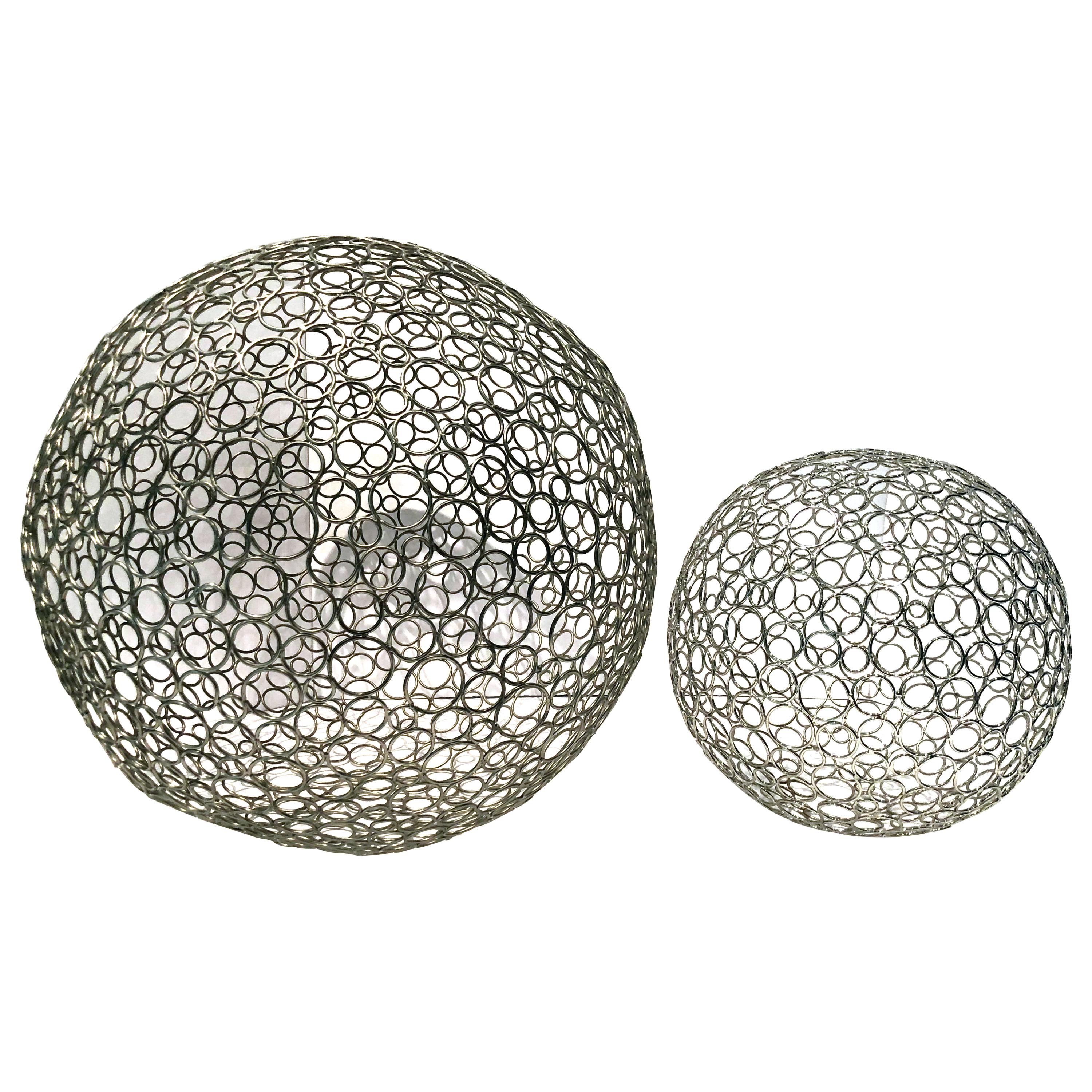 Cool Pair of Artisan Made Wire Sphere Sculptures For Sale