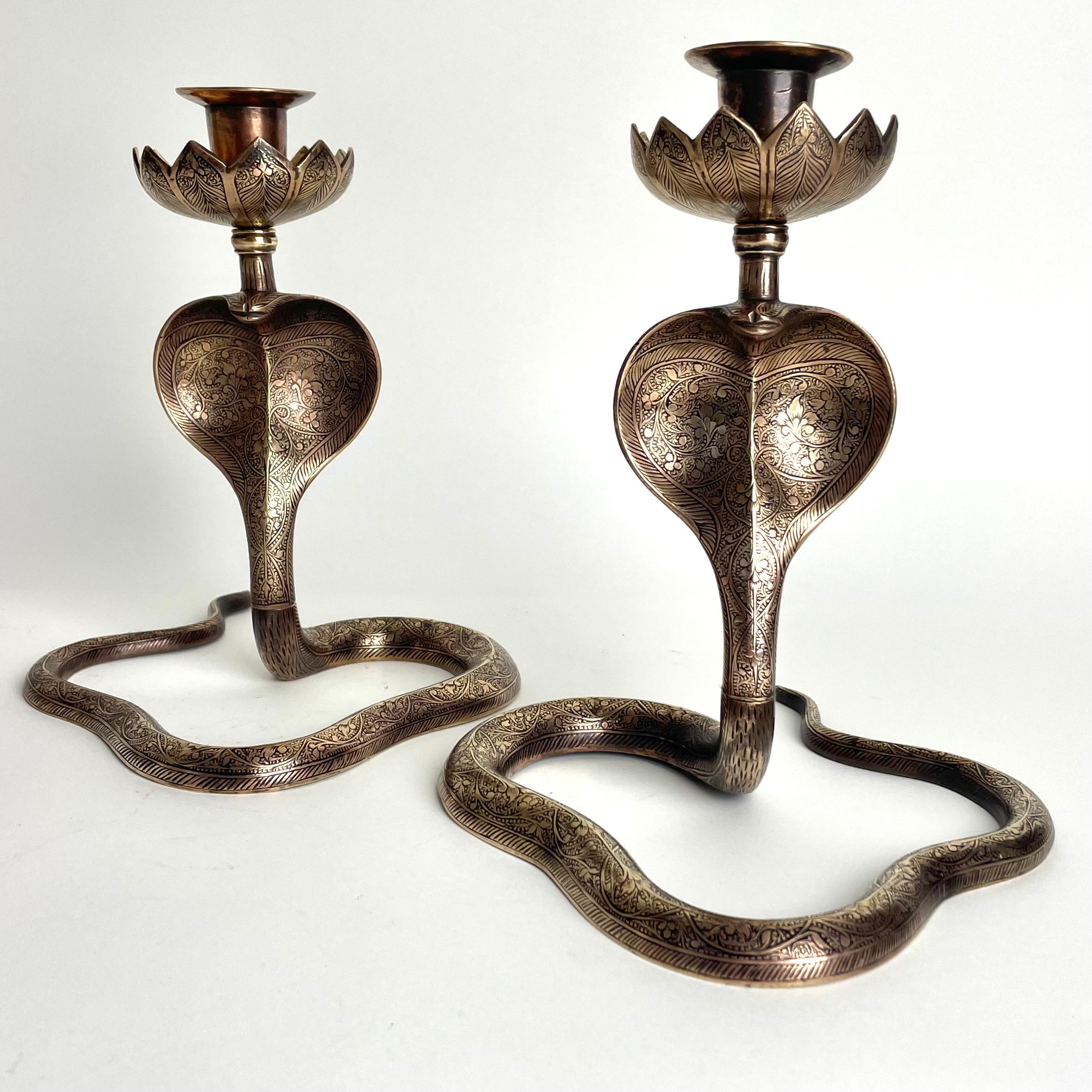 Art Deco Cool Pair of Brass Cobra Candlesticks from the 1930s For Sale
