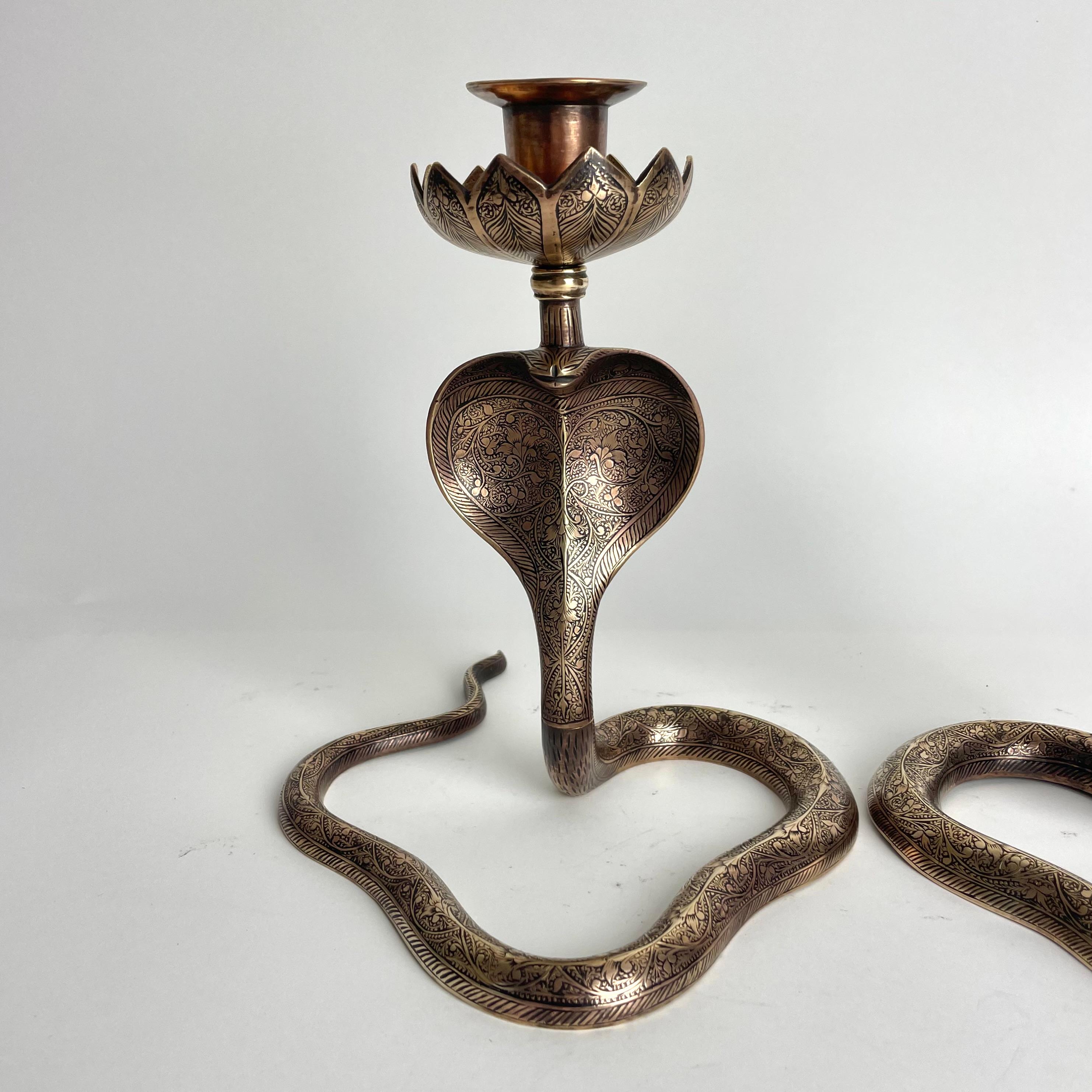 Indian Cool Pair of Brass Cobra Candlesticks from the 1930s For Sale