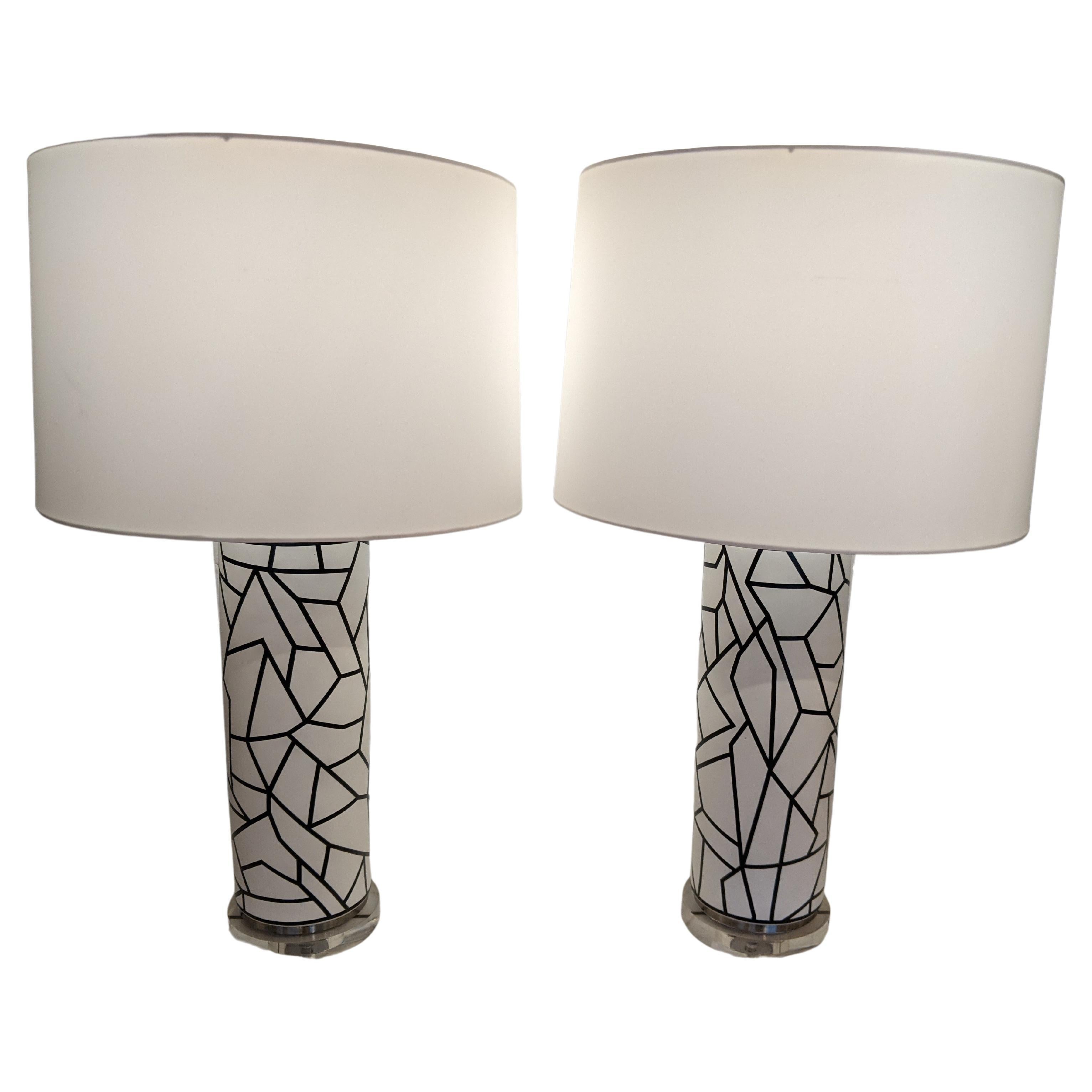 Cool Pair of Large Graphic Black and White Abstract Columnar Table Lamps