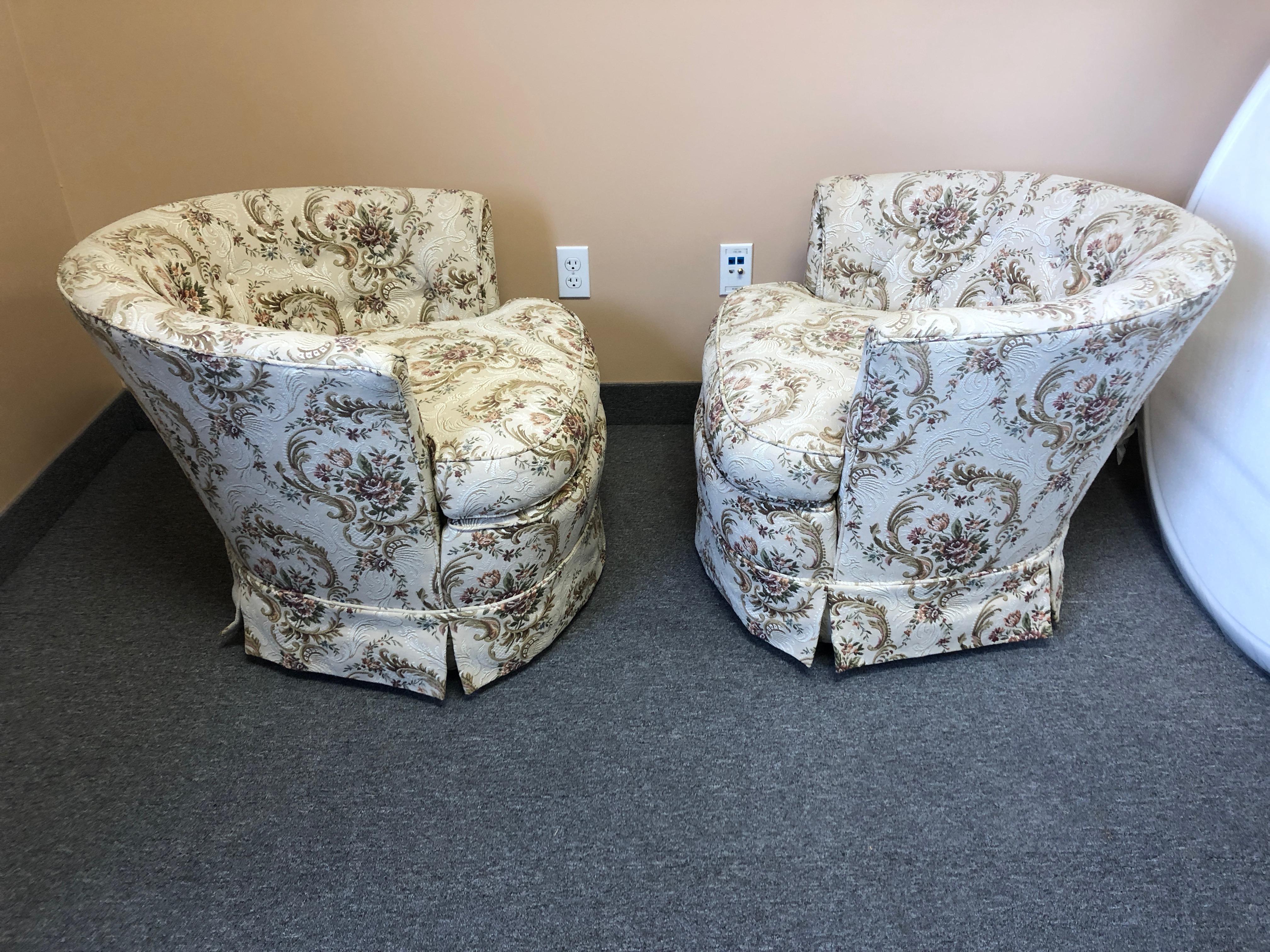 Mid-Century Modern Cool Pair of Swivel Barrel Back Tufted Upholstered Club Chairs