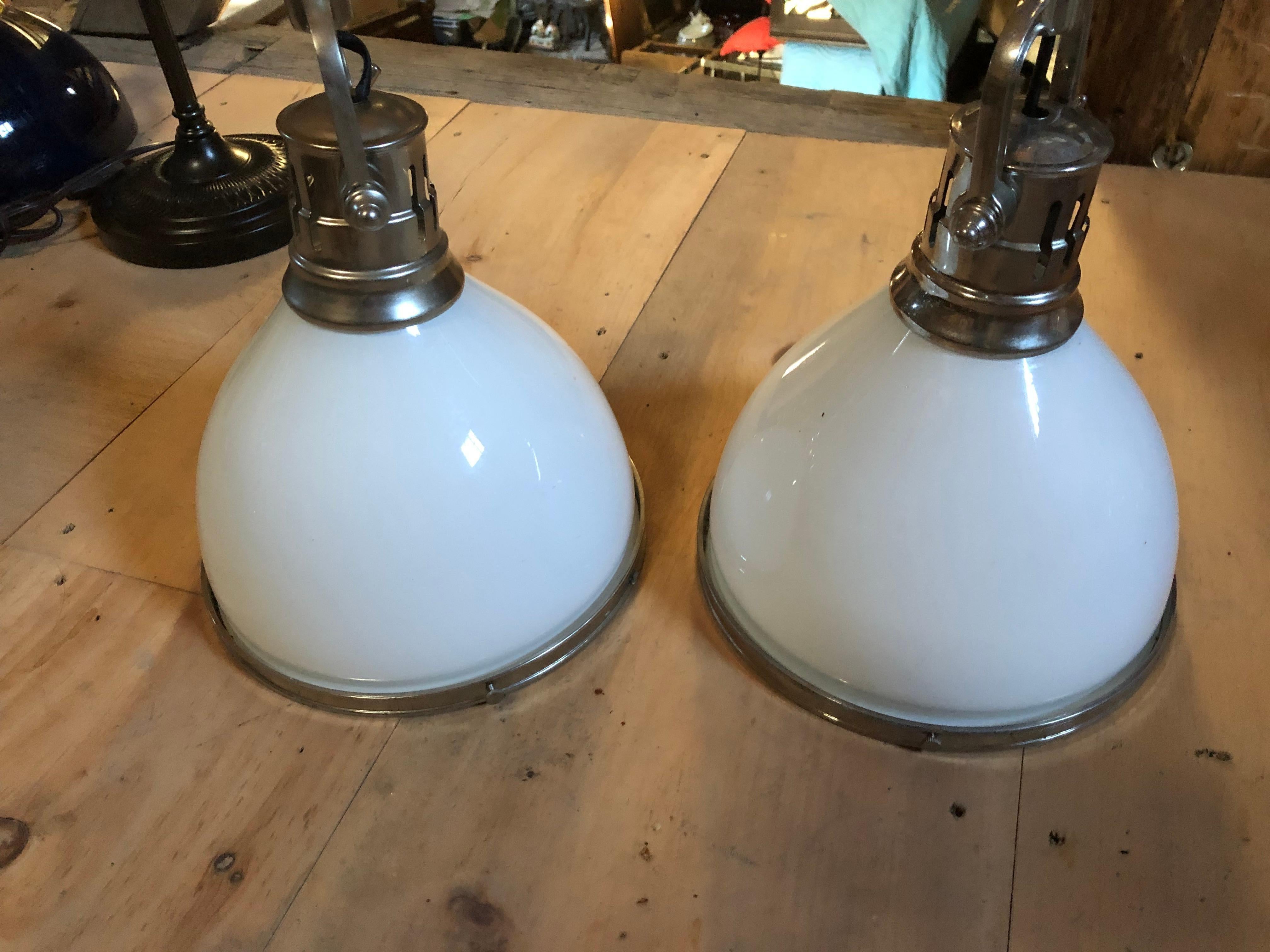 Cool Set of 3 Large Chrome and White Opaque Glass Industrial Pendants For Sale 4