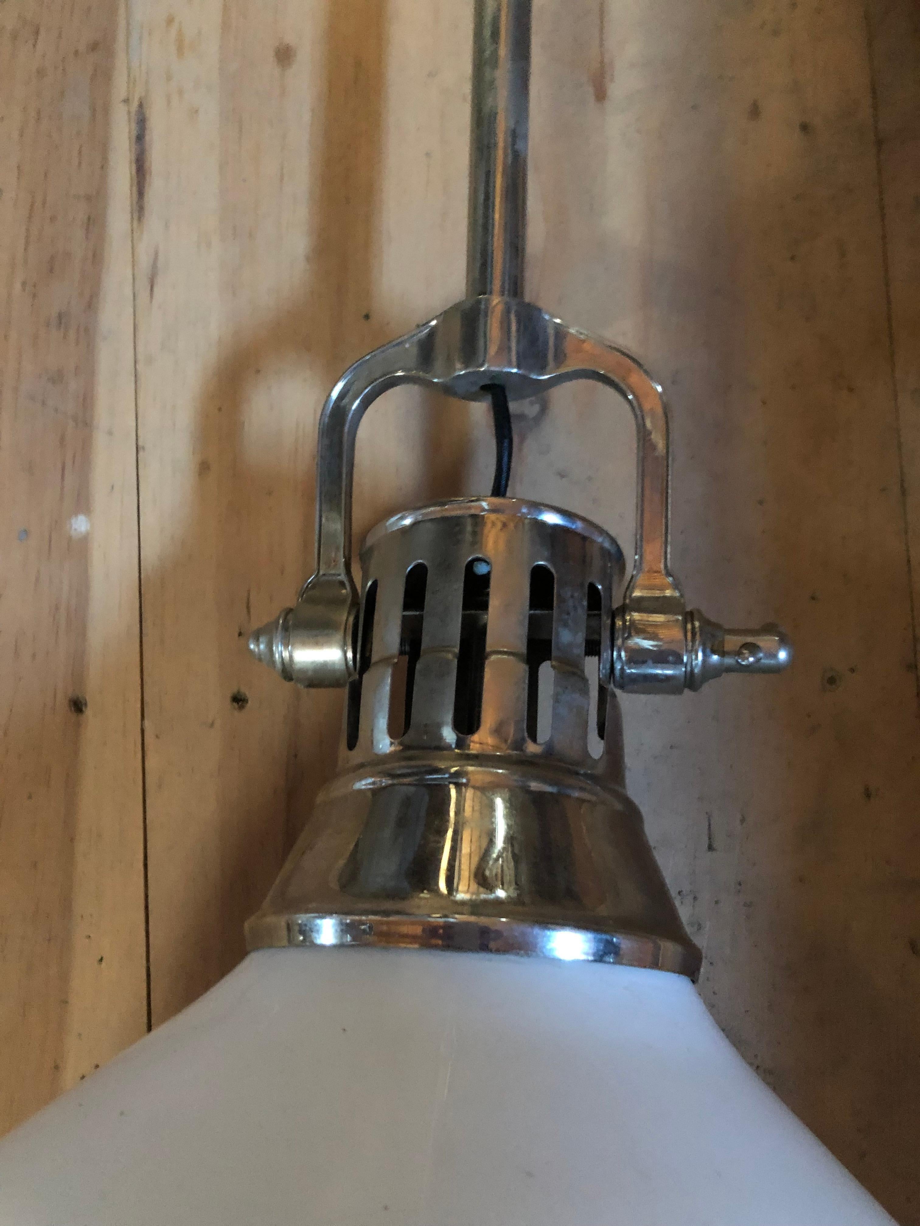 Cool Set of 3 Large Chrome and White Opaque Glass Industrial Pendants In Good Condition For Sale In Hopewell, NJ