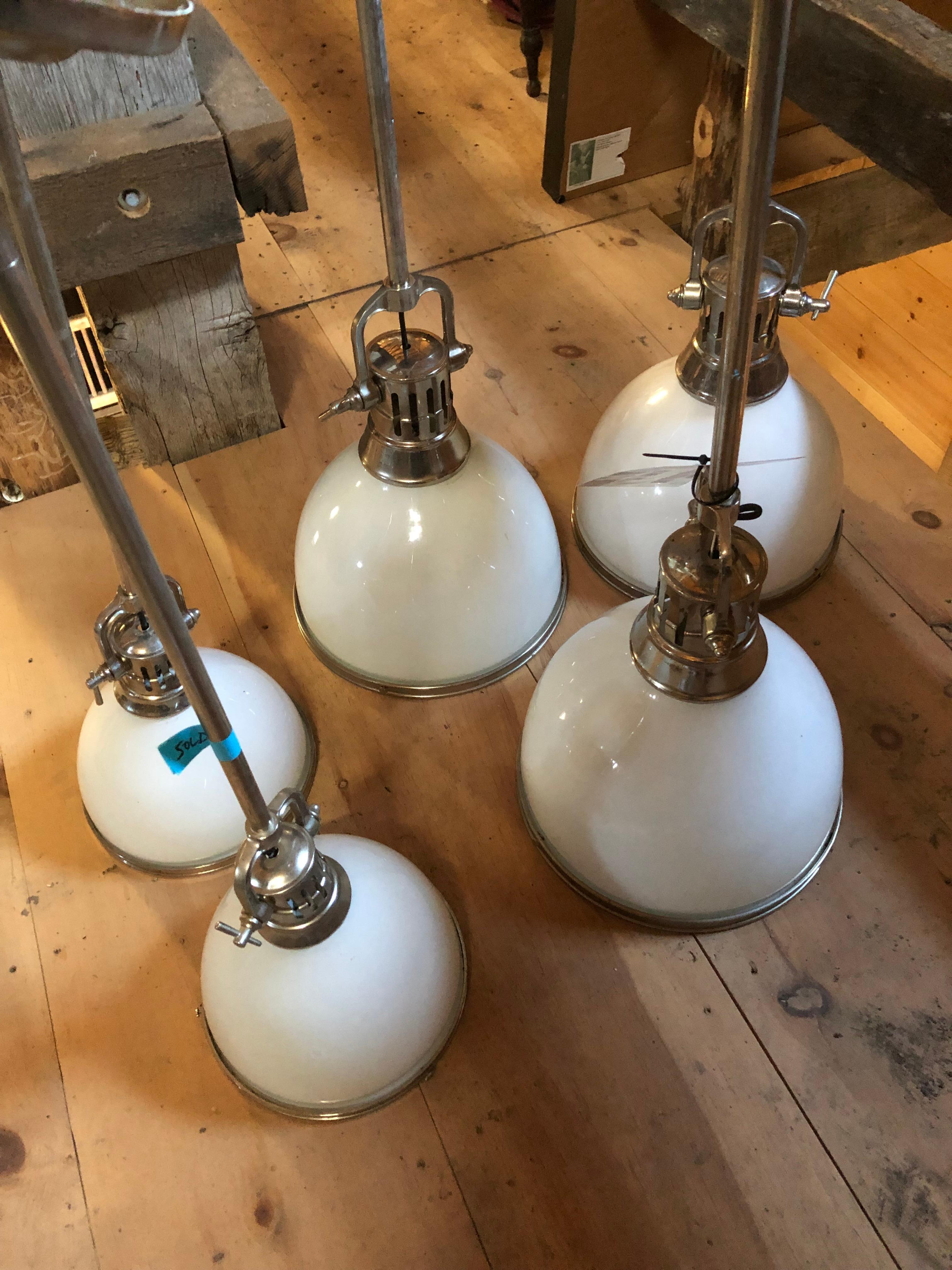 Cool Set of 3 Large Chrome and White Opaque Glass Industrial Pendants For Sale 3