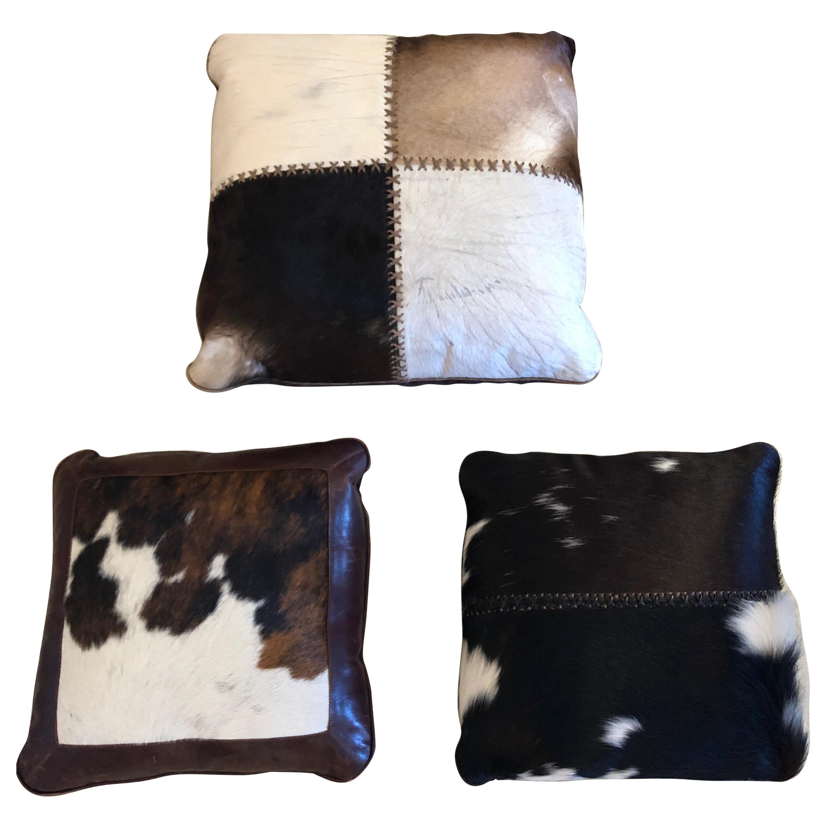 Cool Trio or Set of Mid-Century Modern Cow Hide and Leather Custom Pillows