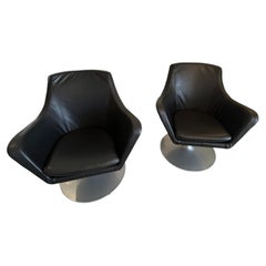 Cool Vintage Danish Bolia Black Leather Swivel Club Chairs