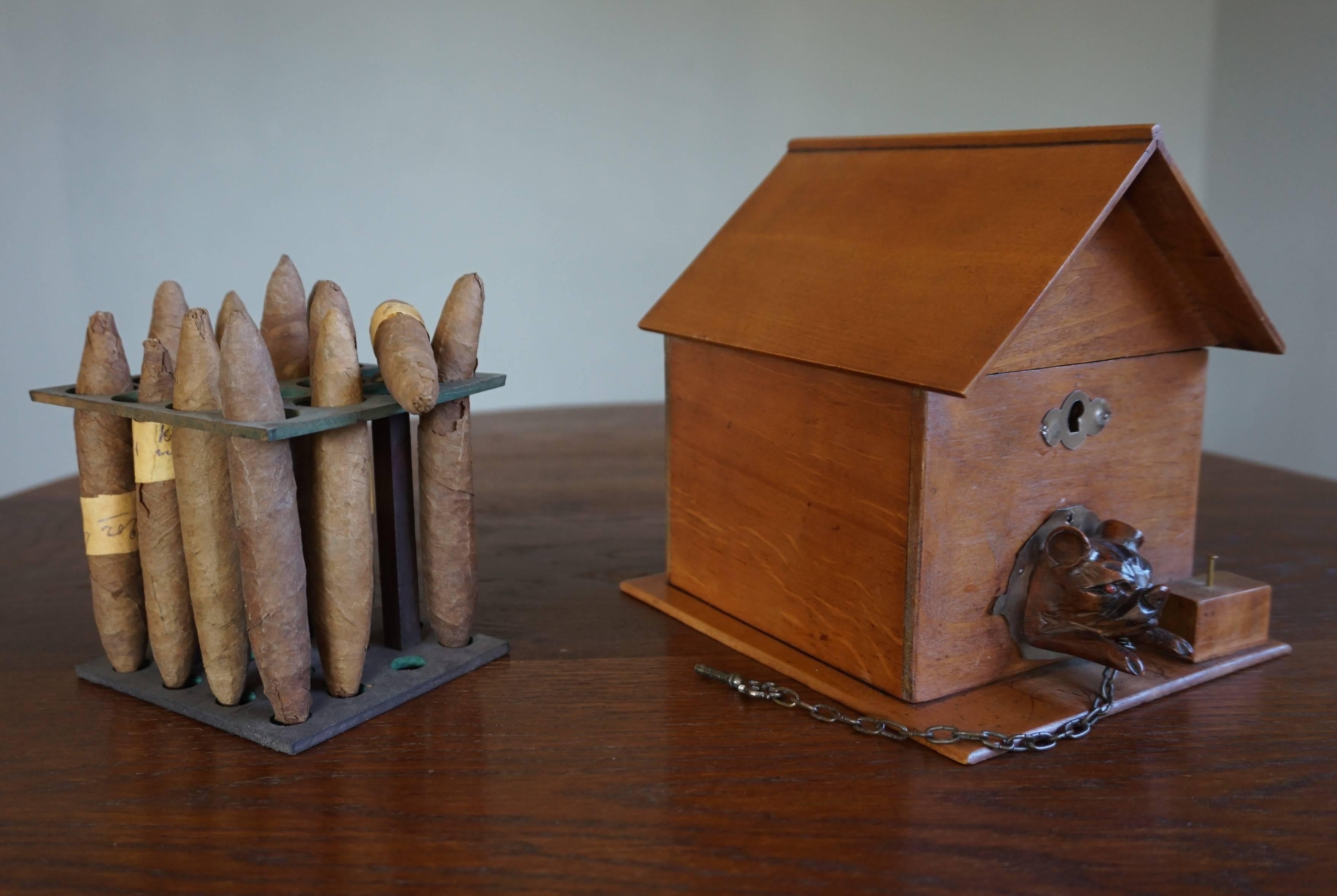 Brass Coolest and All Handcrafted Early 20th Century Wooden Doghouse and Dog Cigar Box