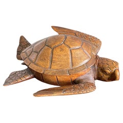 Coolest Hand Carved Nutwood Tortoise / Sea Turtle Sculpture Box with Lid ca 1970
