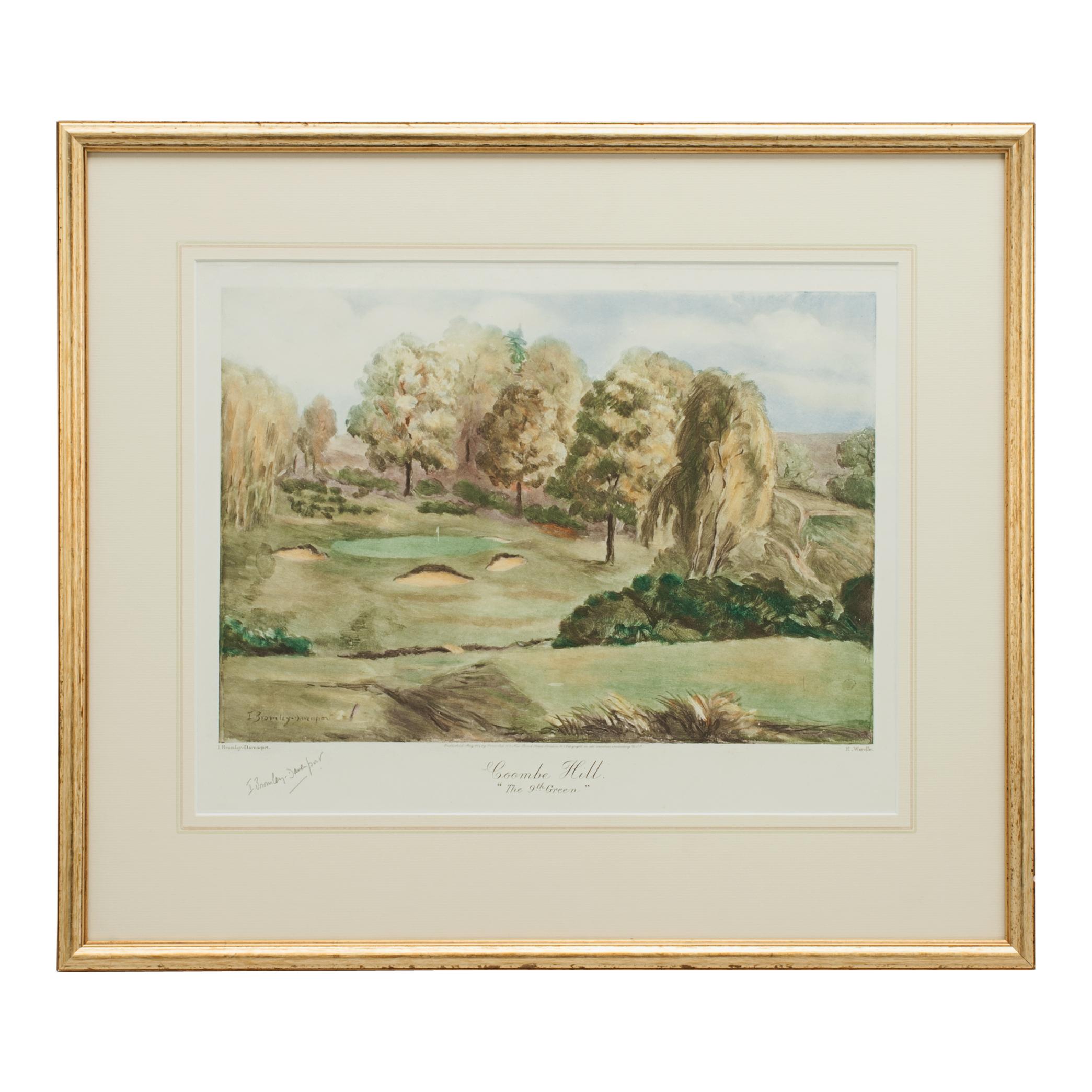 Golf print after Bromley-Davenport 'Coombe Hill, the 9th green'. This is one of a series of aquatints of golf courses published at the time by Fores and signed by the artist I. Bromley-Davenport.
 