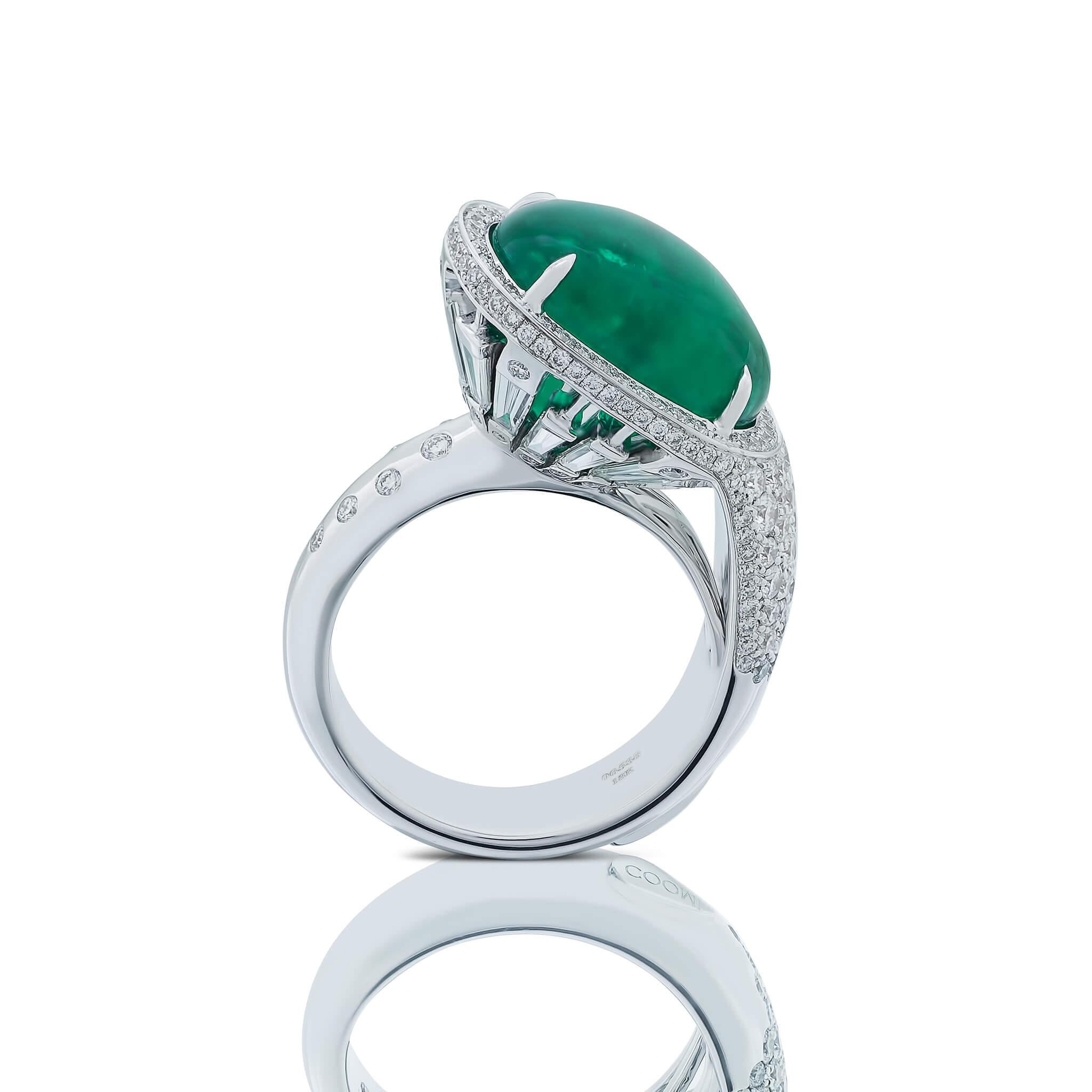 Coomi Trinity collection 18K white gold cockail ring with 8.66cts emerald and 2.35cts diamonds.