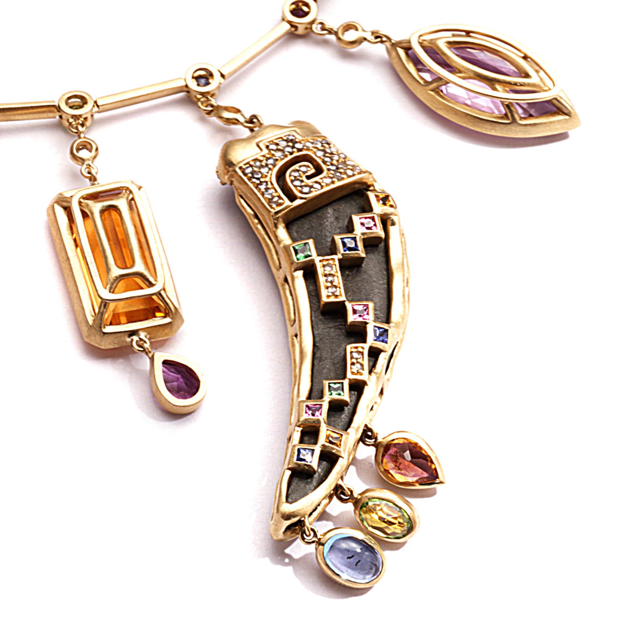 Coomi 20 Karat Gold Ancient Artifacts Charm Necklace with Multi-Gemstones In New Condition For Sale In Secaucus, NJ