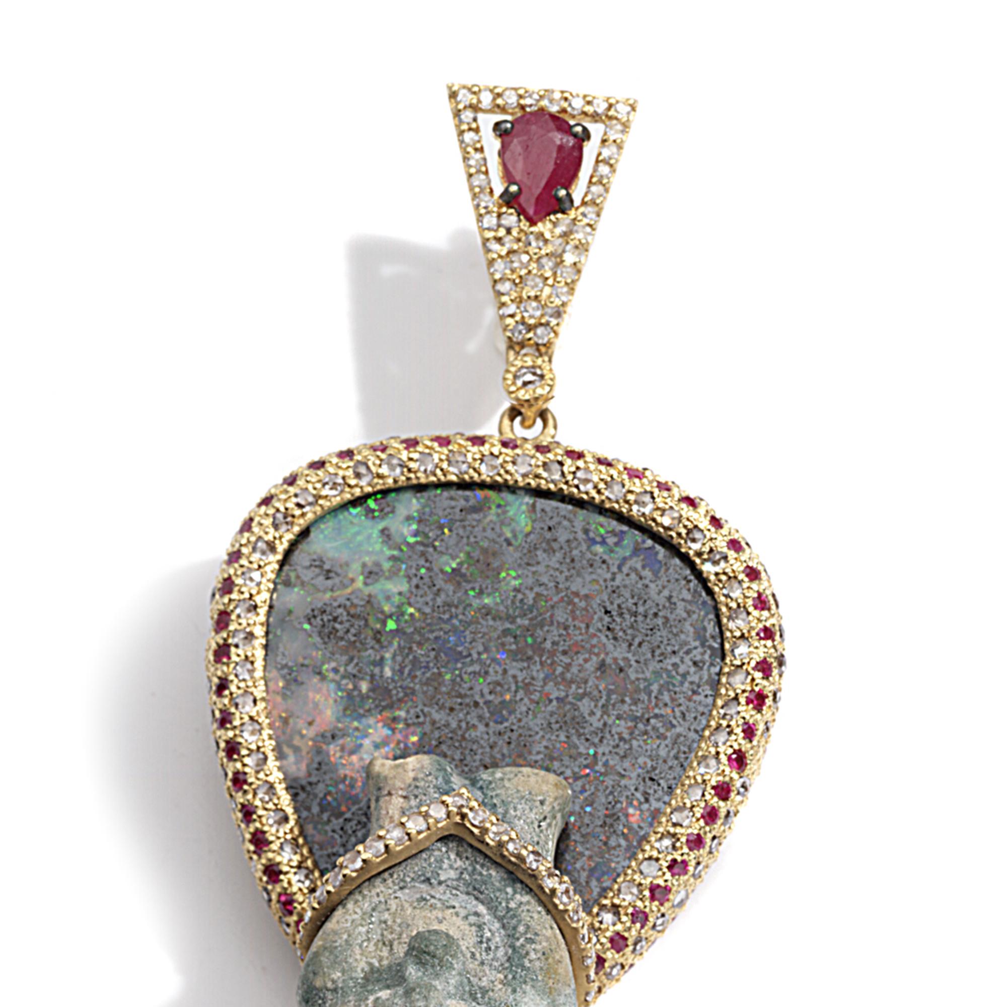 Artisan Coomi 20 Karat Gold Antiquity Diamond, Ruby, and Opal Pendant