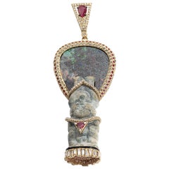 Antique Coomi 20 Karat Gold Antiquity Diamond, Ruby, and Opal Pendant