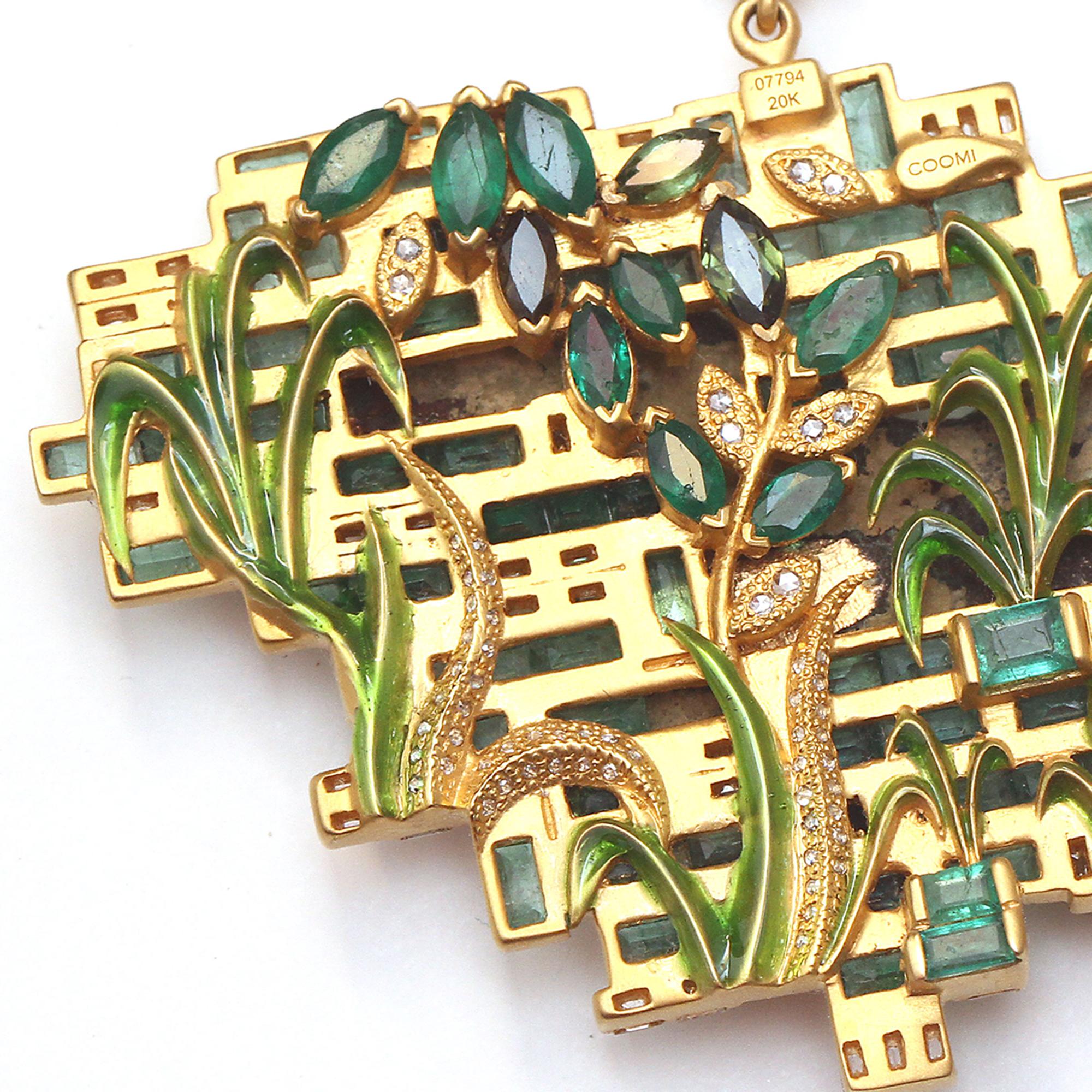 Round Cut Coomi 20 Karat Gold Roman Bronze Horse Emerald Pendant For Sale