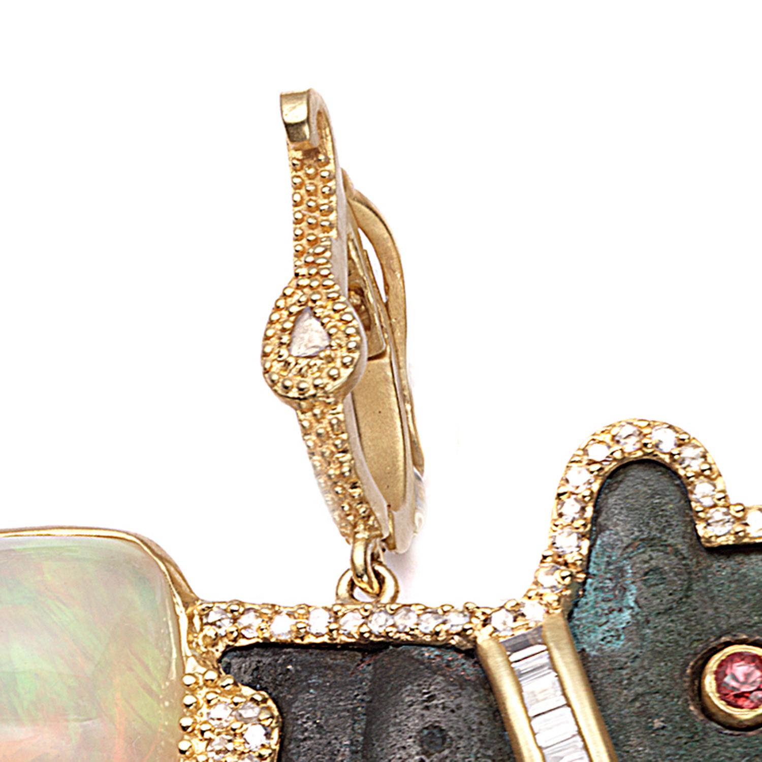 Artisan Coomi 20K Antique Feline Pendant with Diamonds, Opal, Emerald, and Sapphire For Sale