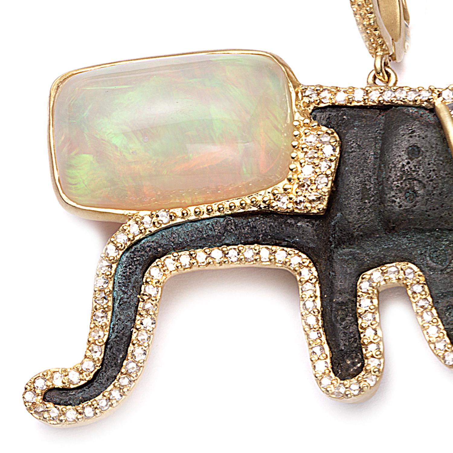 Coomi 20K Antique Feline Pendant with Diamonds, Opal, Emerald, and Sapphire In New Condition For Sale In Secaucus, NJ
