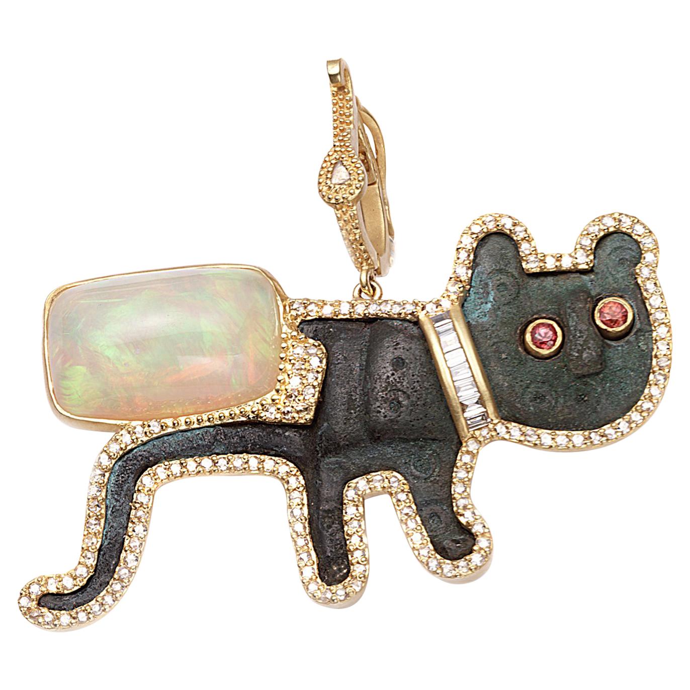 Coomi 20K Antique Feline Pendant with Diamonds, Opal, Emerald, and Sapphire For Sale