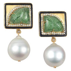 Coomi 20K Carved Tsavorite, White Pearl, and Diamond Earrings