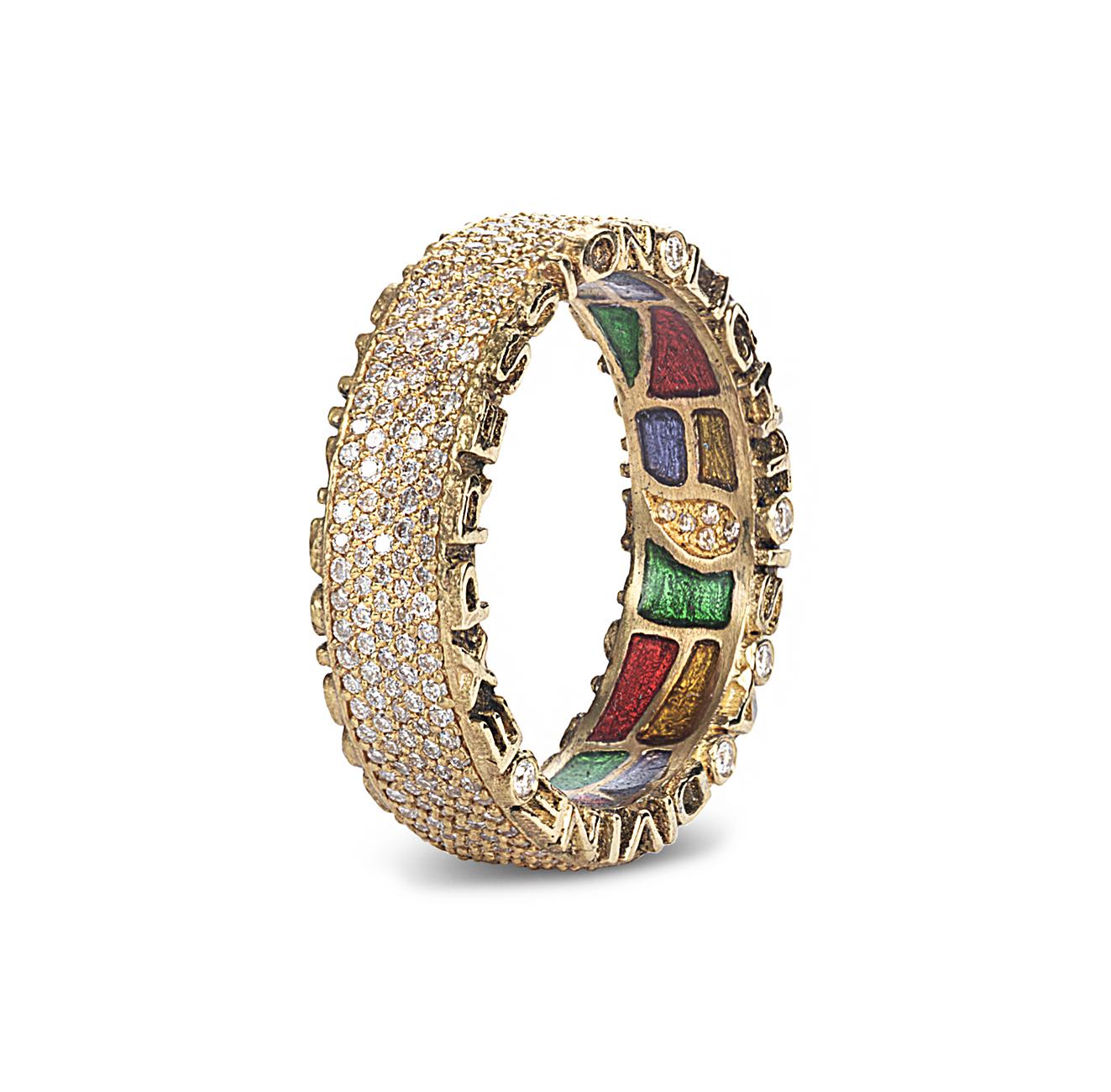 Handgefertigter Ring aus der Coomi Sagrada Kollektion in 20 Karat Gelbgold mit 1,12 Karat Diamanten. Der Text lautet 
