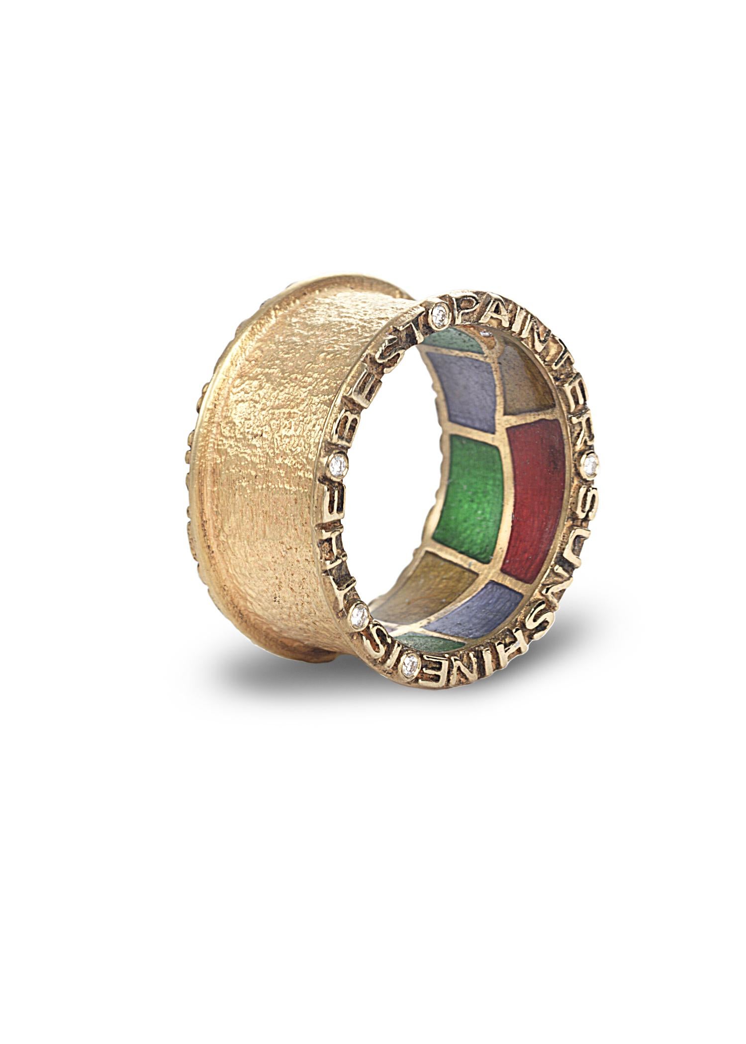 Hand made Coomi Sagrada collection band ring set in 20K yellow gold with 0.10cts diamond accents and stained glass-like multicolor enamel gallery. 

Famous Antonio Gaudi quotes 